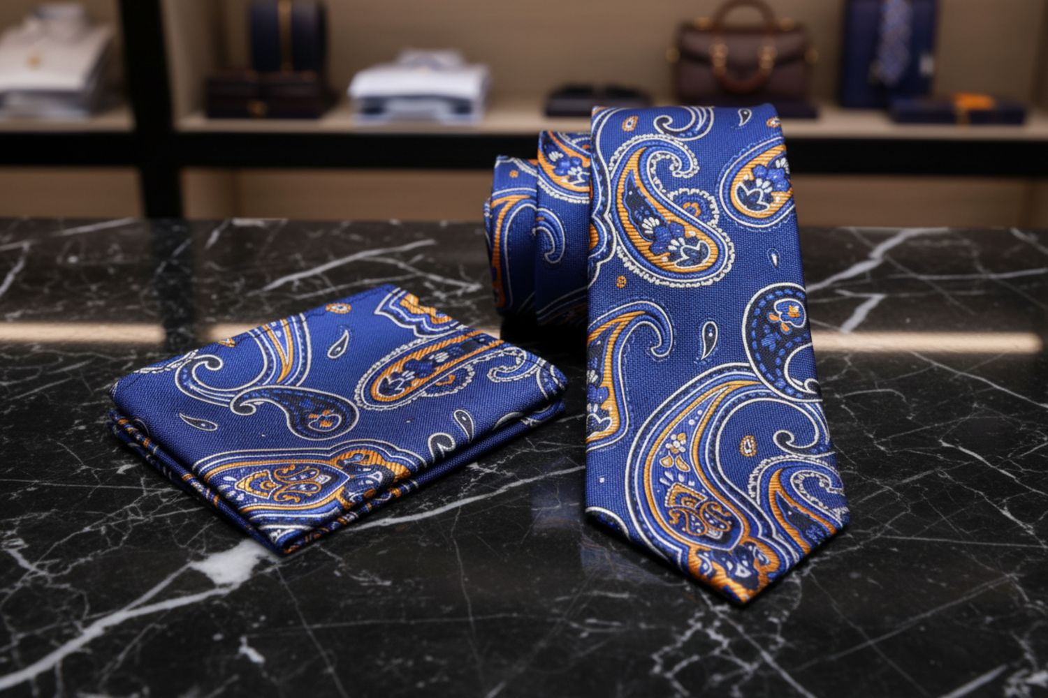 Alt Blue Black Yellow Gold White Paisley Necktie And Matching Square