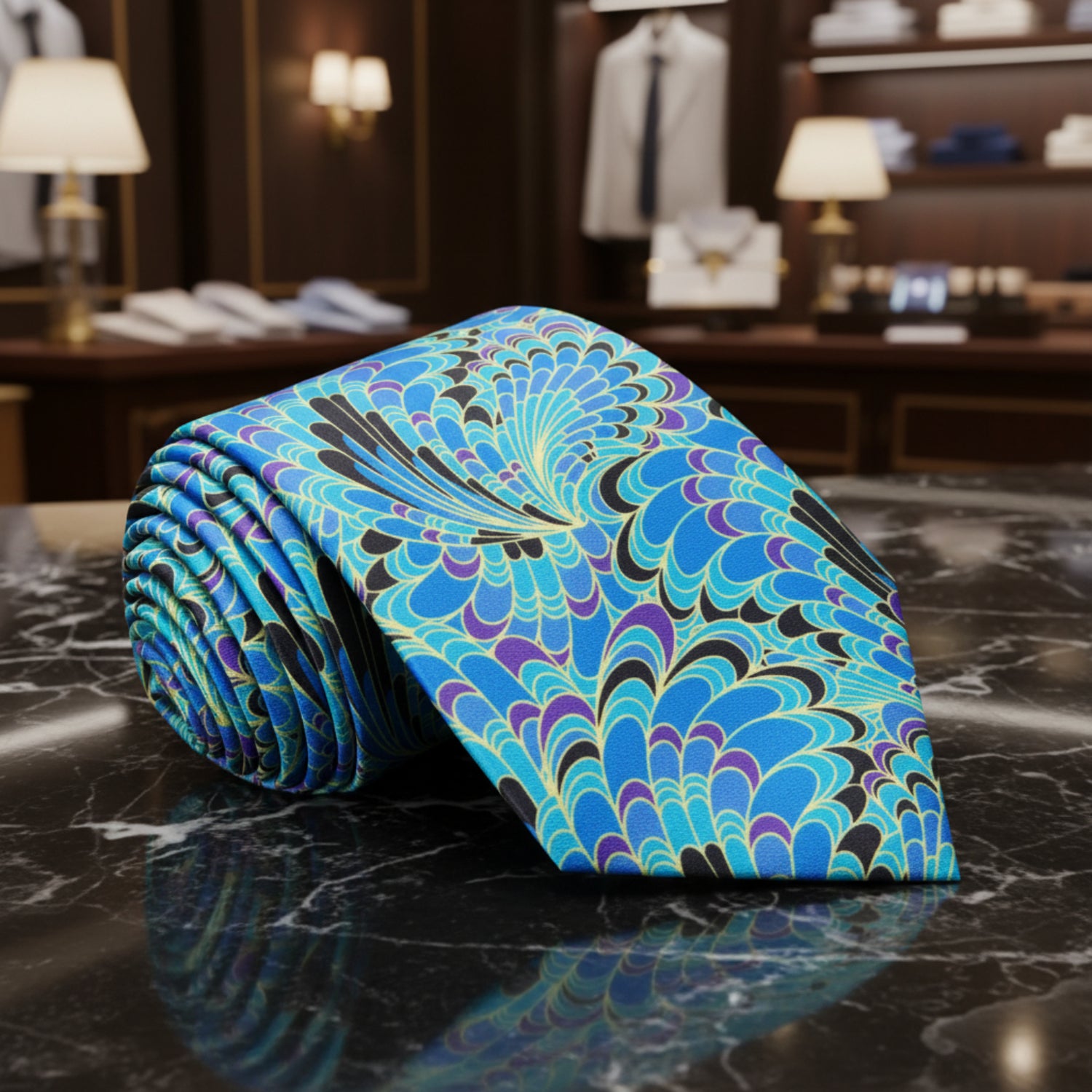 Blue, Black, Yellow, Purple Peacock Feathers Necktie 