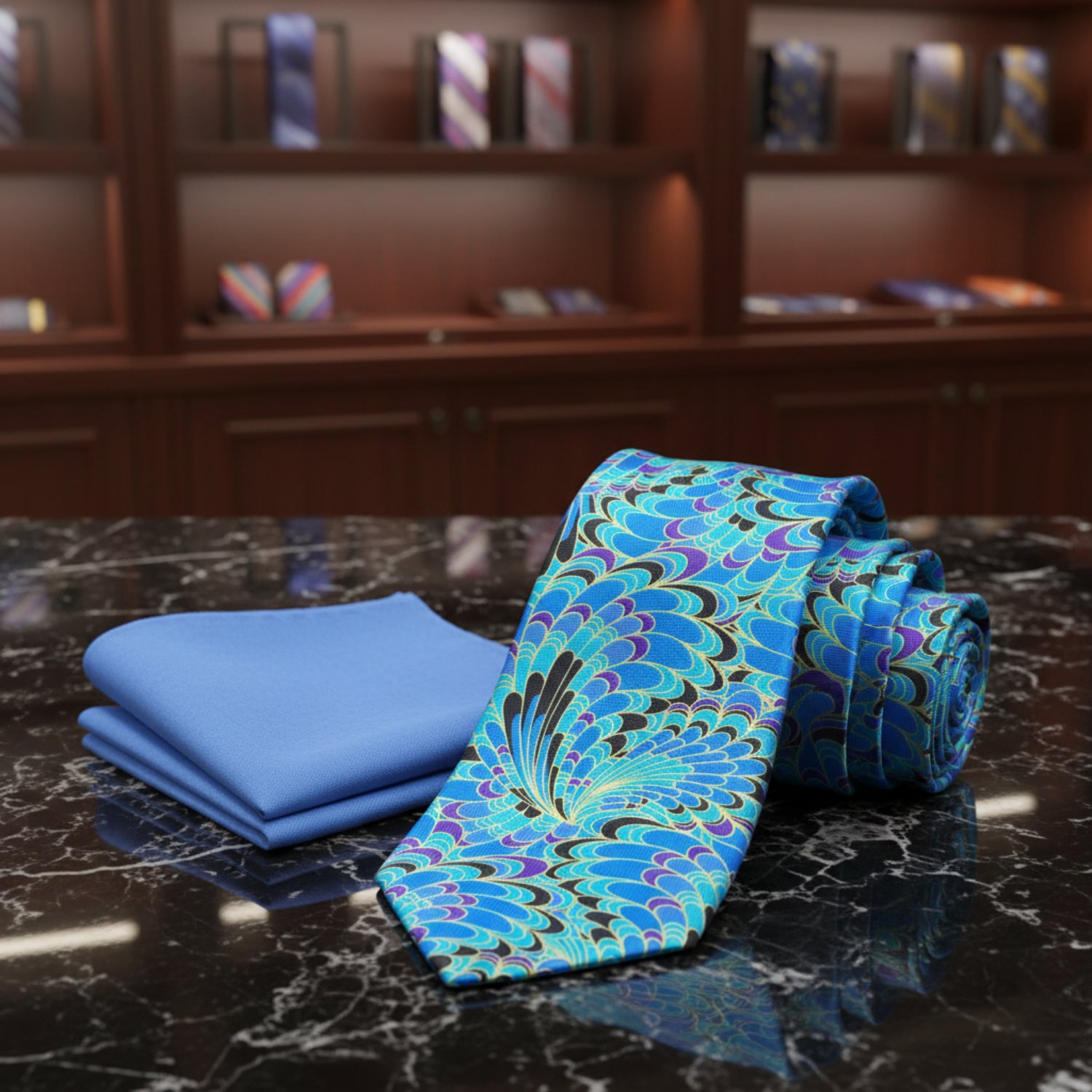 Alt View: Blue, Black, Yellow, Purple Peacock Feathers Necktie with Light Blue Square