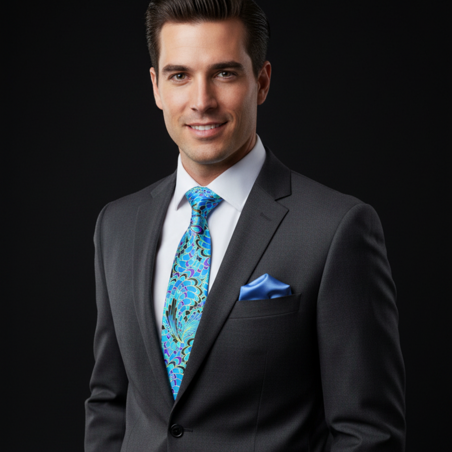 Man wearing a dark suit with a colorful tie and pocket square on a black background