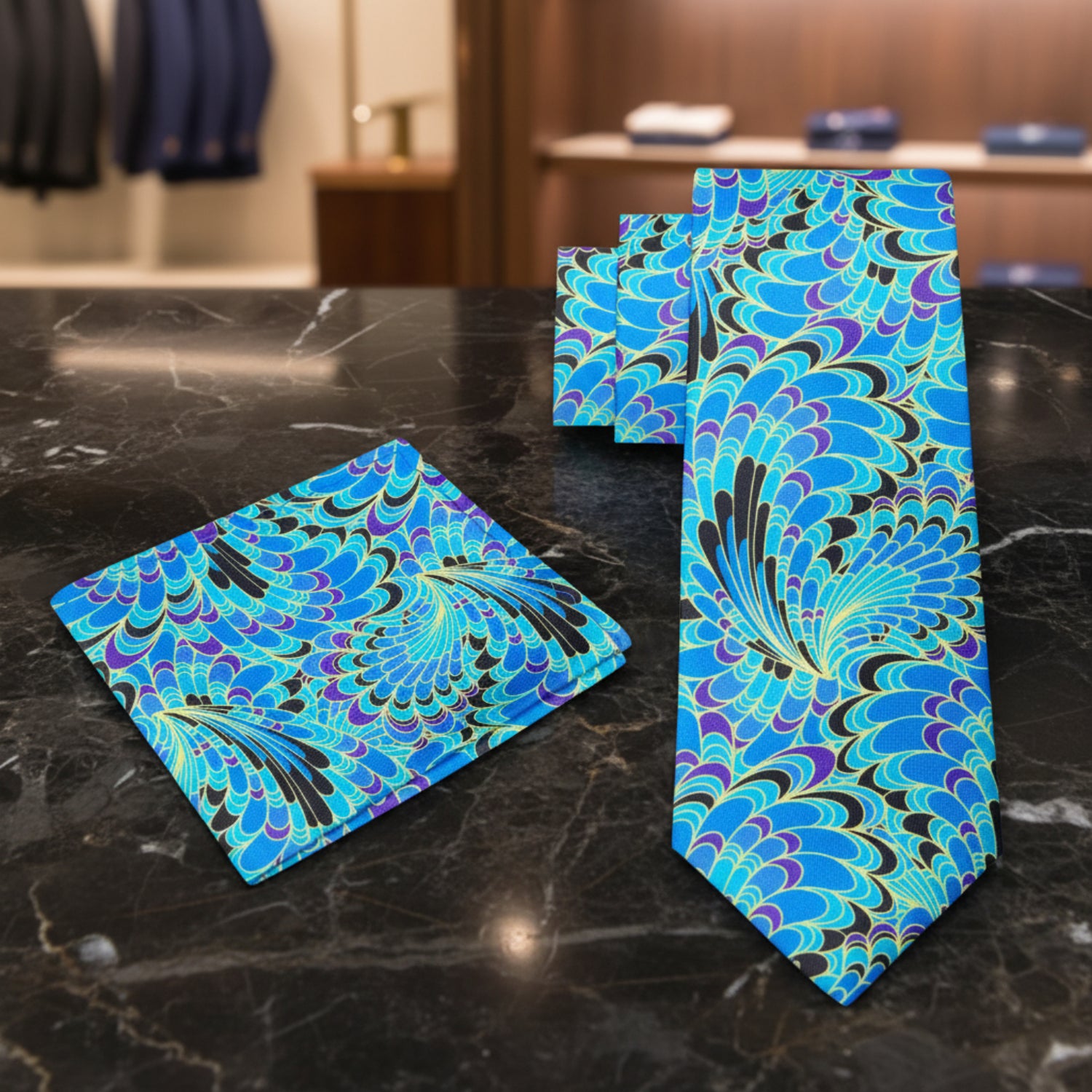 Alt View: Blue, Black, Yellow, Purple Peacock Feathers Necktie with Matching Square