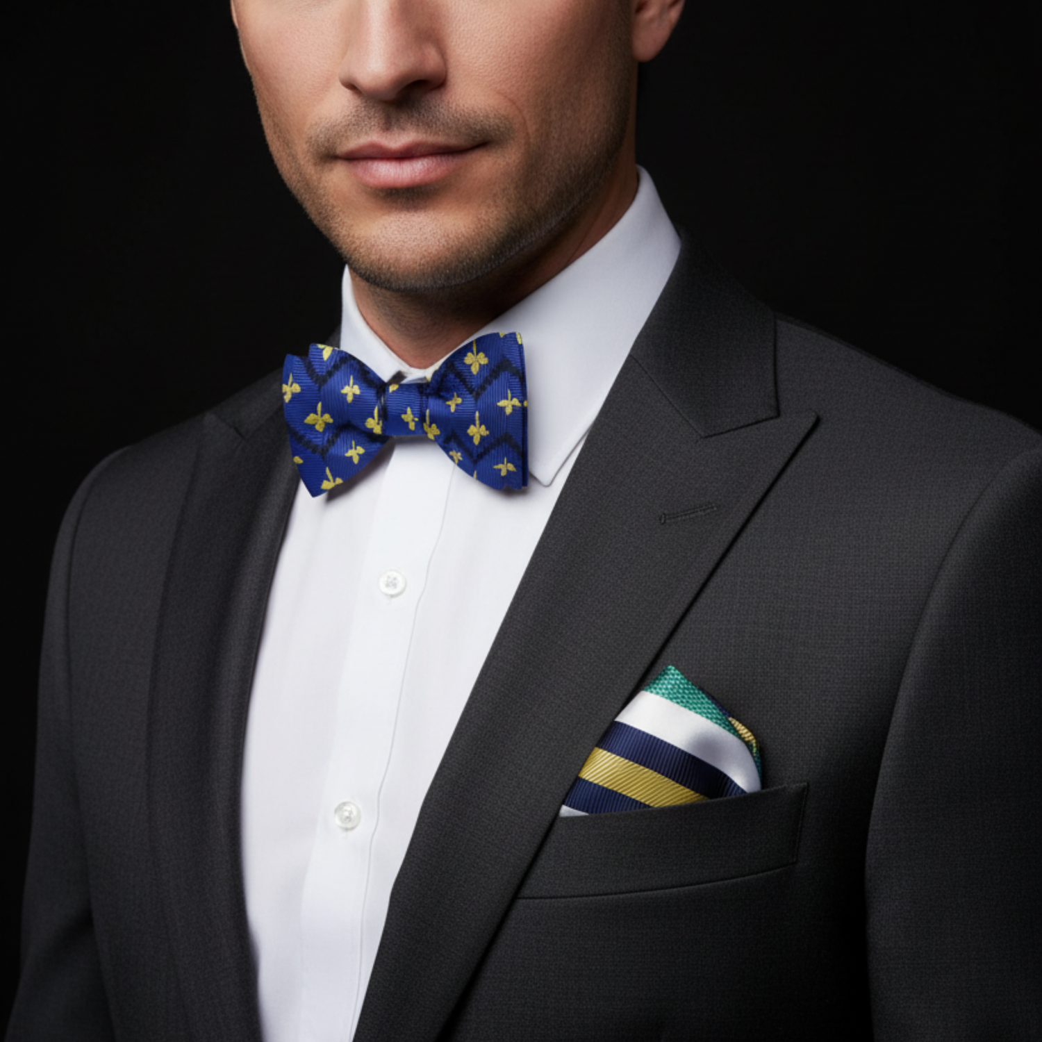 Man wearing a black suit with a blue bow tie and colorful pocket square on a black background