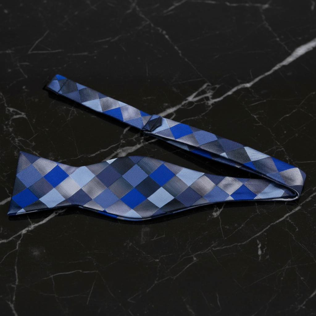 Blue Grey Diamonds Bow Tie Self Tie