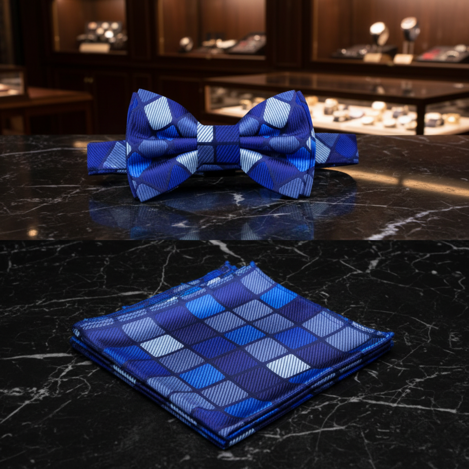 Shades of Blue Blocks Geometric Bow Tie and Pocket Square