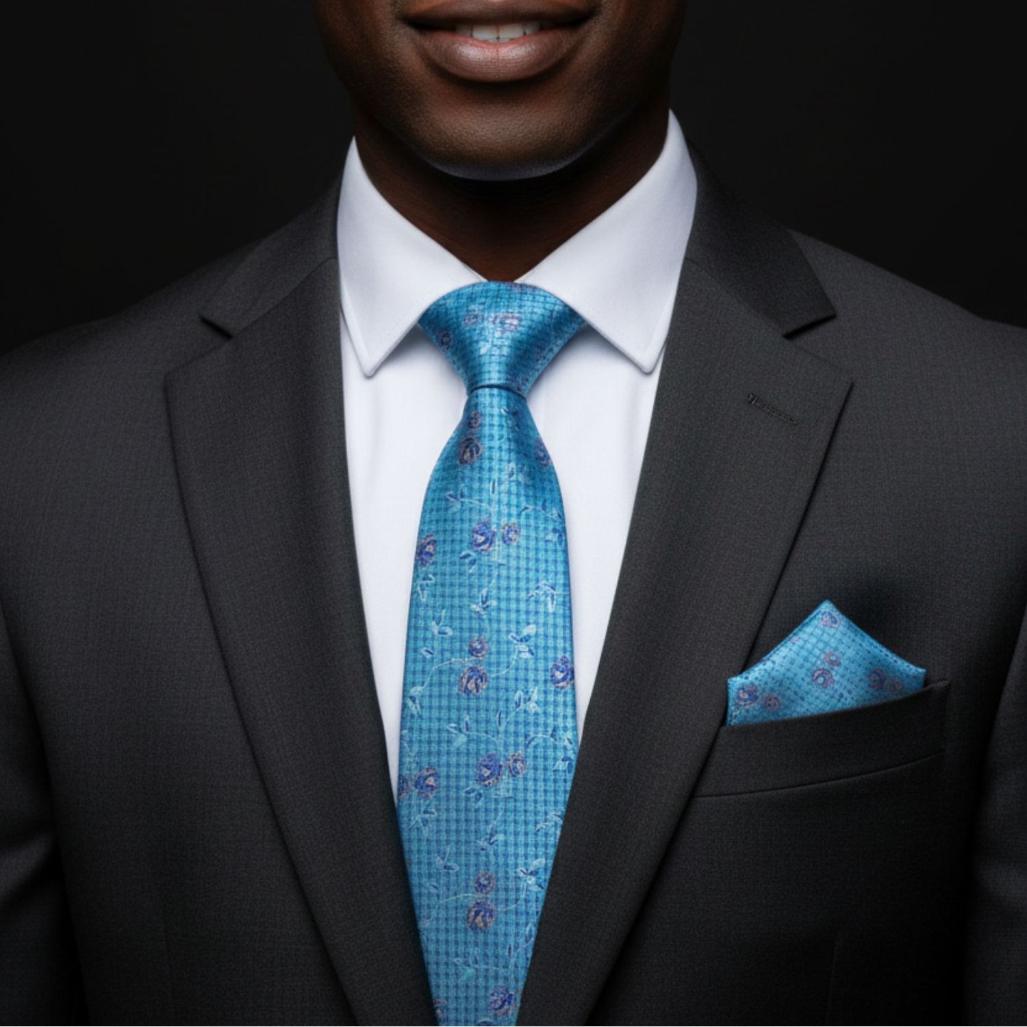 Light Blue Floral Vine Tie and Square on Man