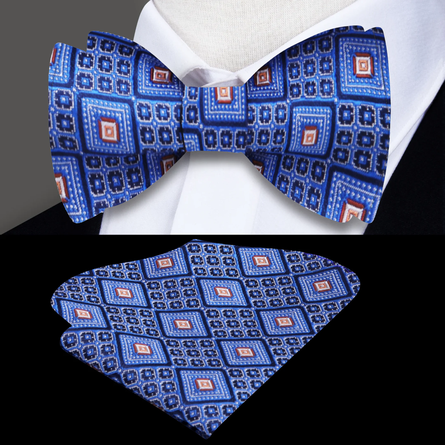 Blue, Brown Geometric Diamonds Bow Tie and Pocket Square