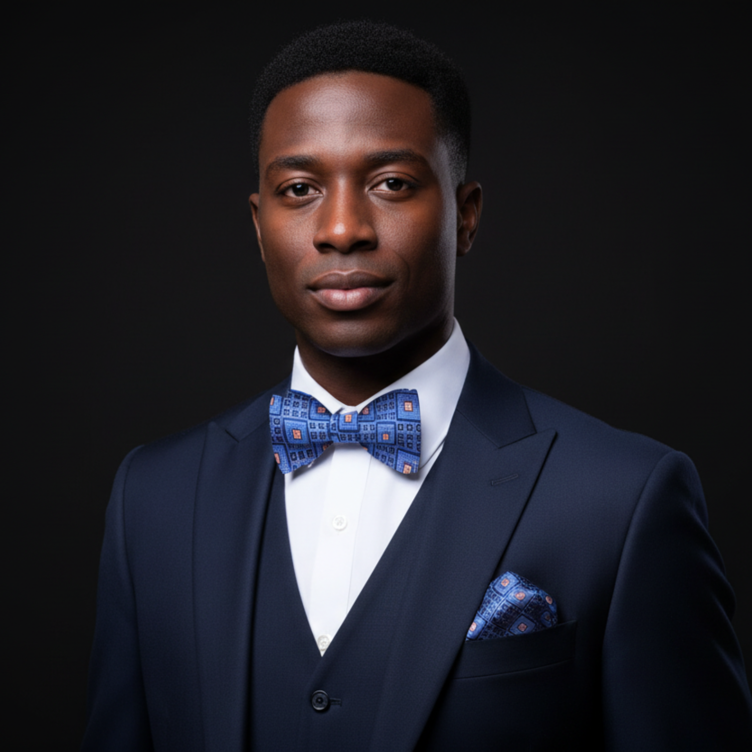 Man wearing a navy suit with a blue bow tie against a black background