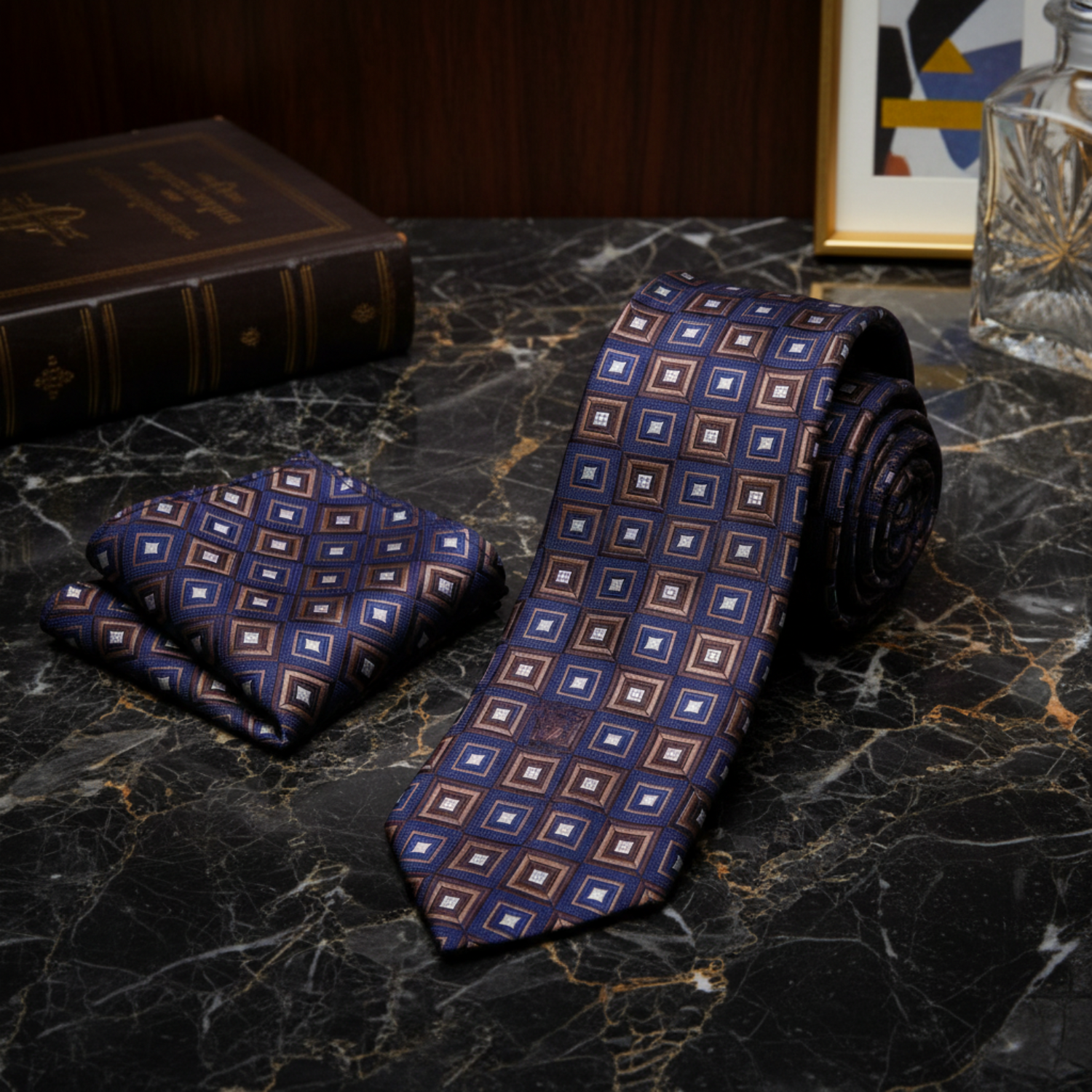 Alt Blue Brown Squares Necktie and Matching Square