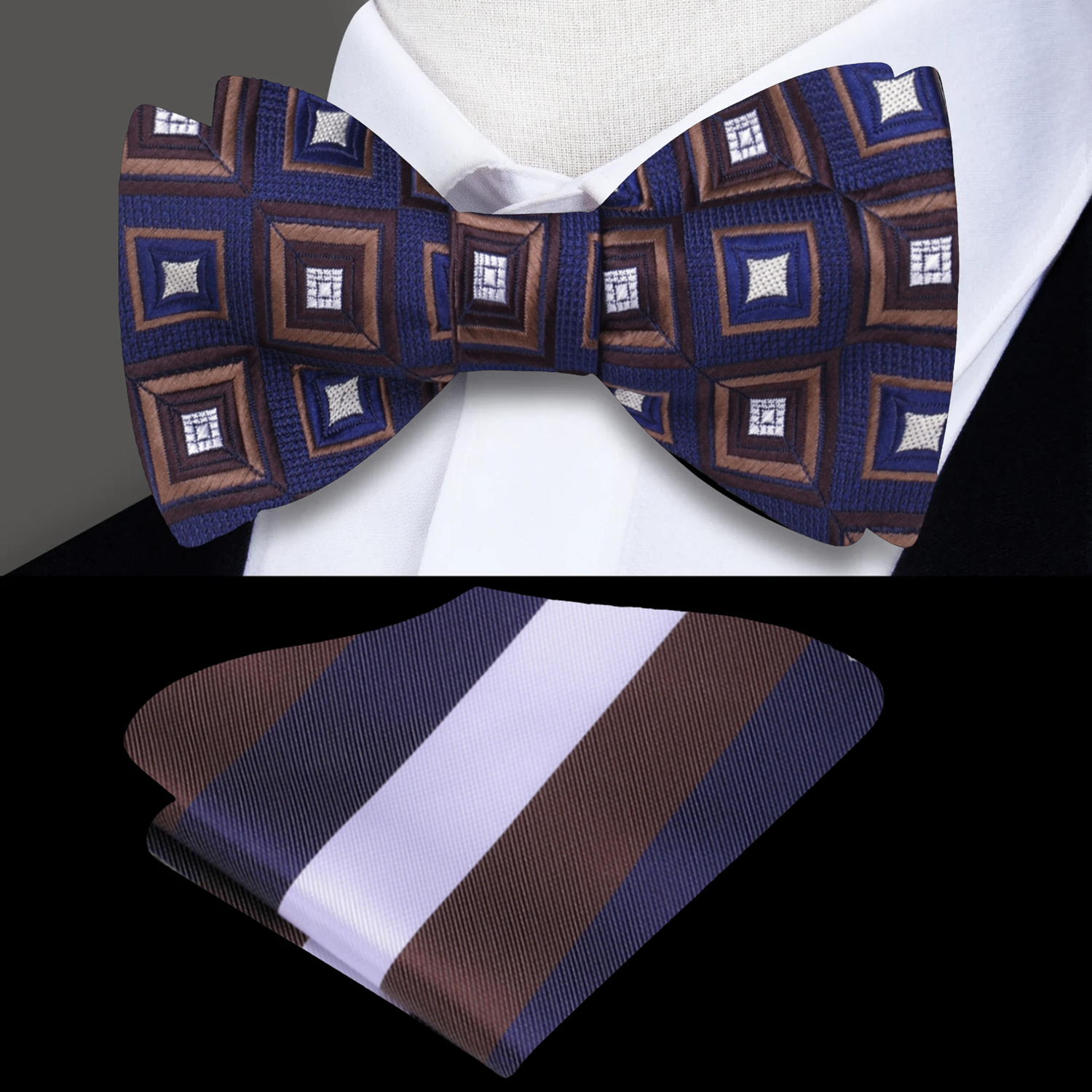 Blue, Brown Blocks Self Tie Bow Tie and Accenting Square