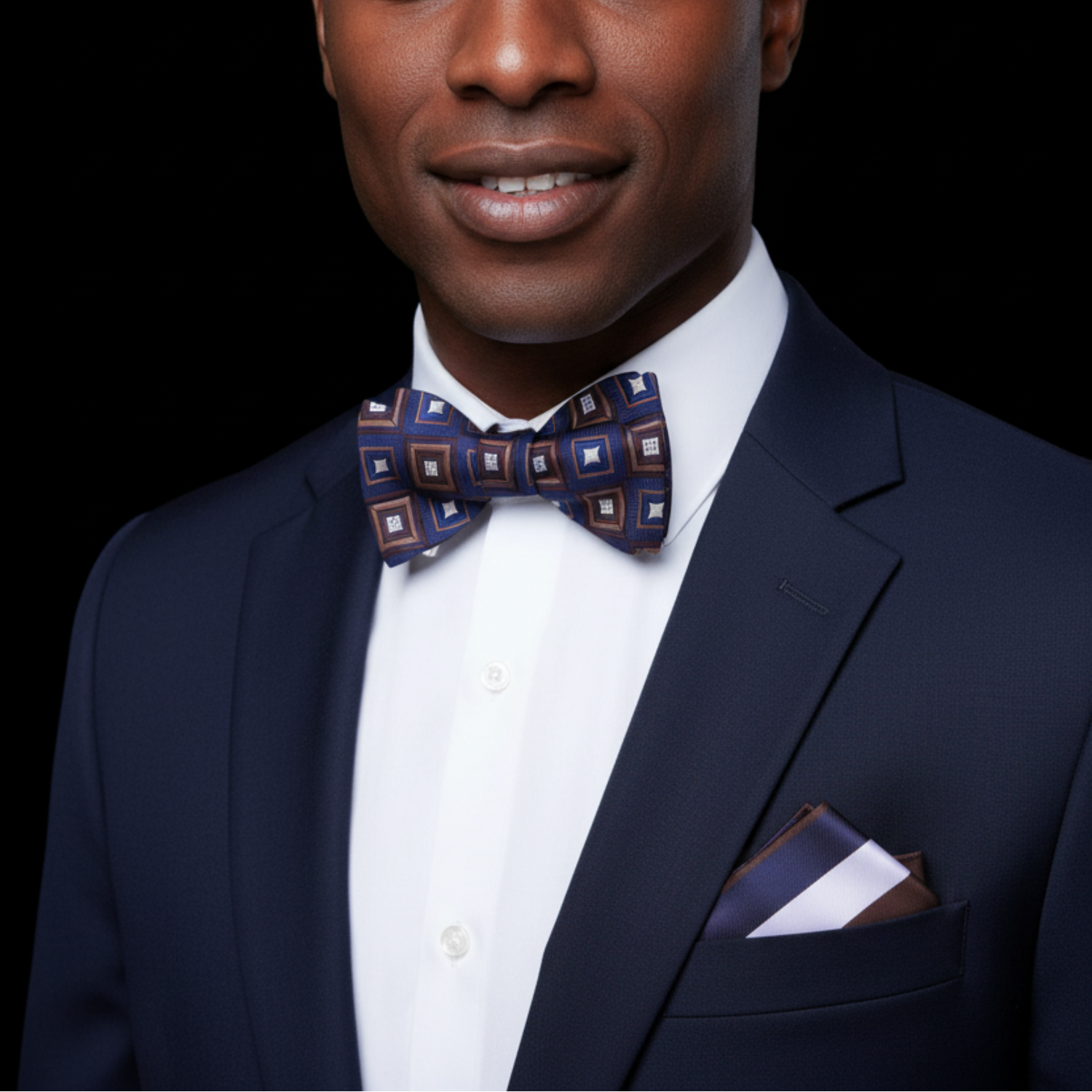 Dark Blue & Brown Block Pattern Self-Tie Bow Tie