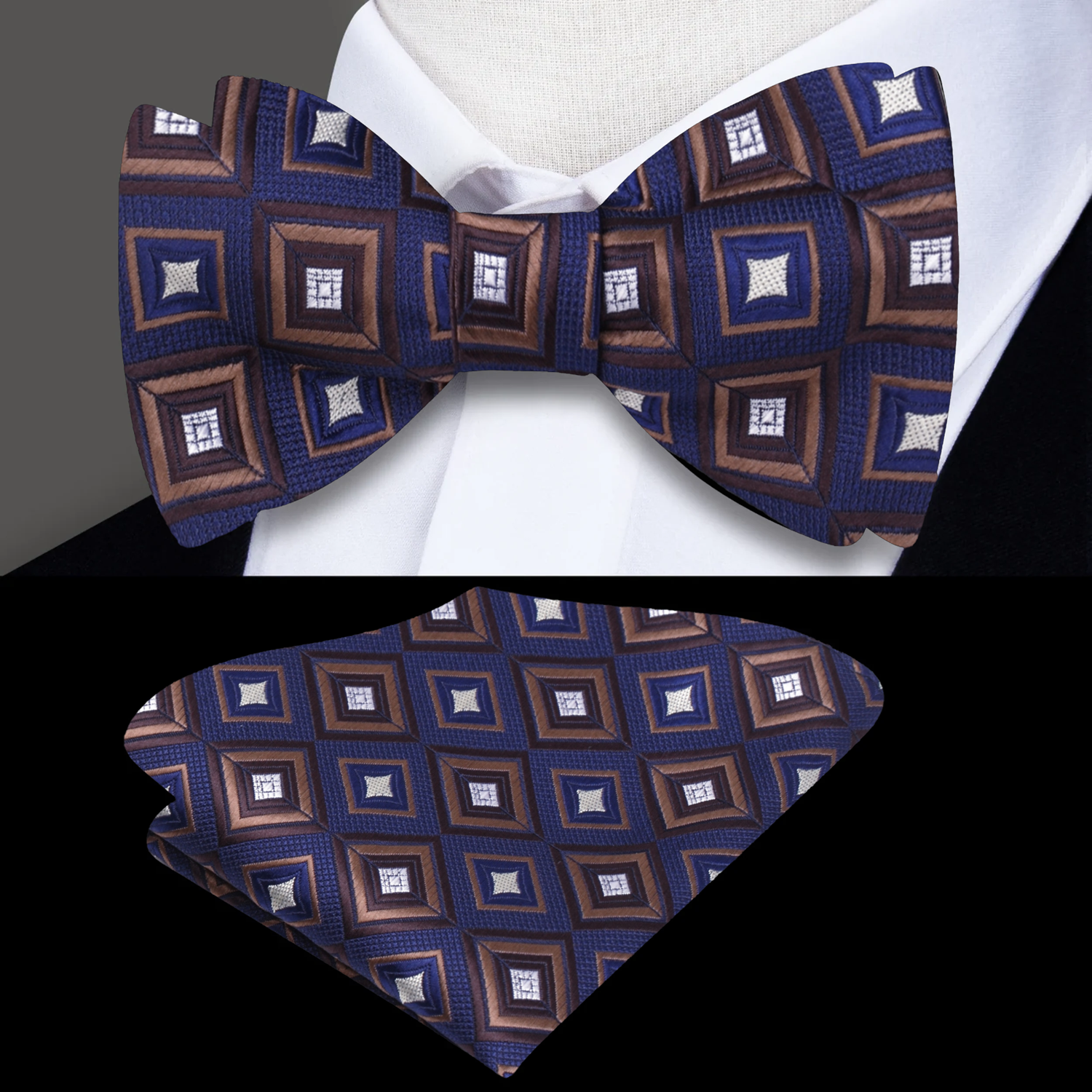 Blue, Brown Blocks Self Tie Bow Tie and Matching Square
