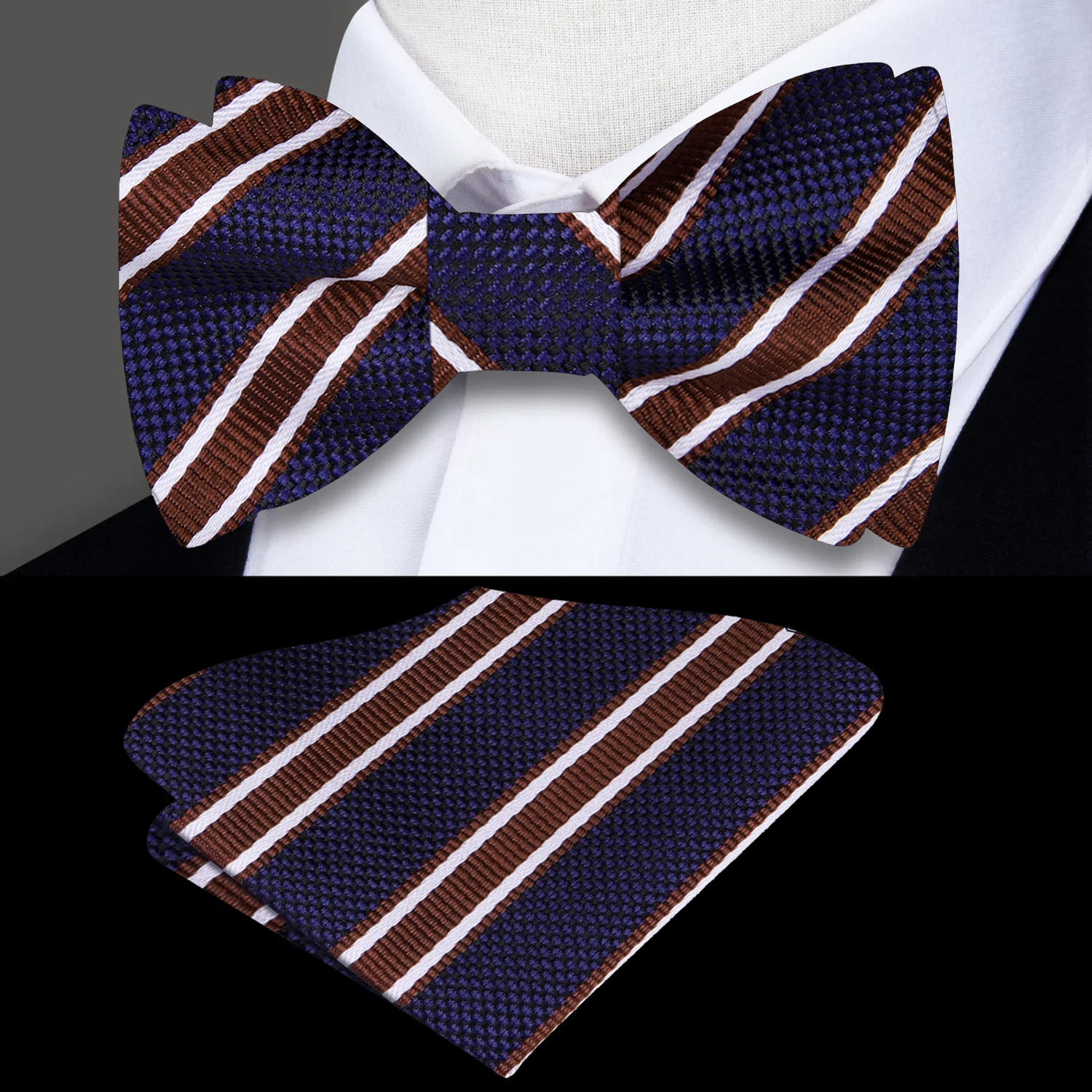 Blue, Brown Stripe Bow Tie and Square