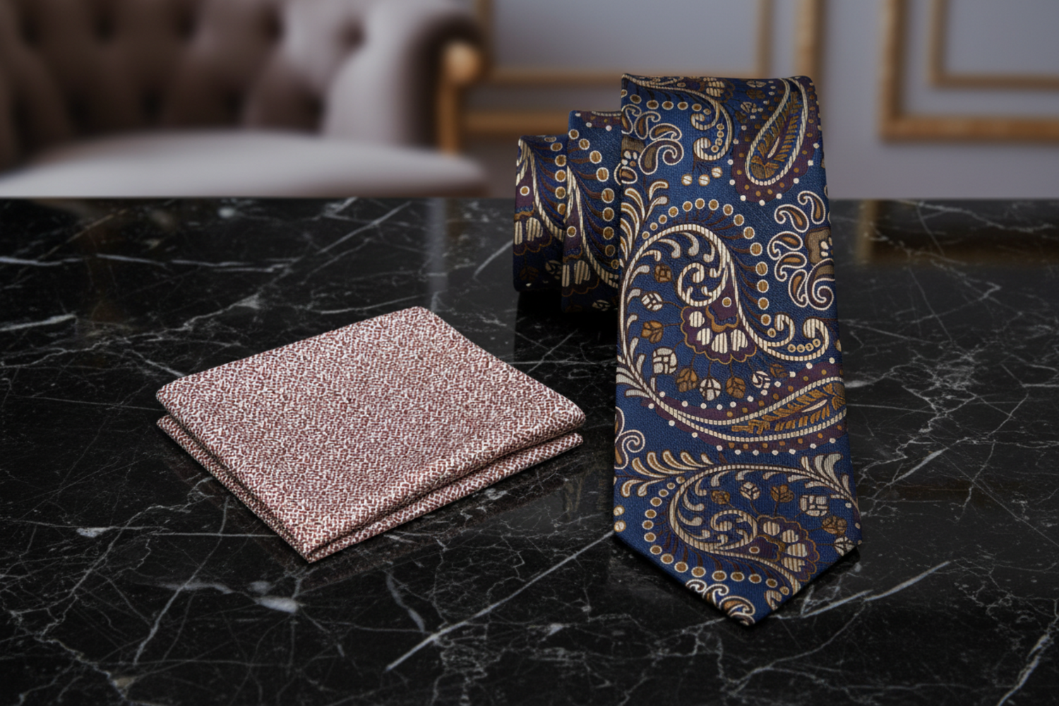 alt paisley tie with blue, brown, and beige pattern and accenting square