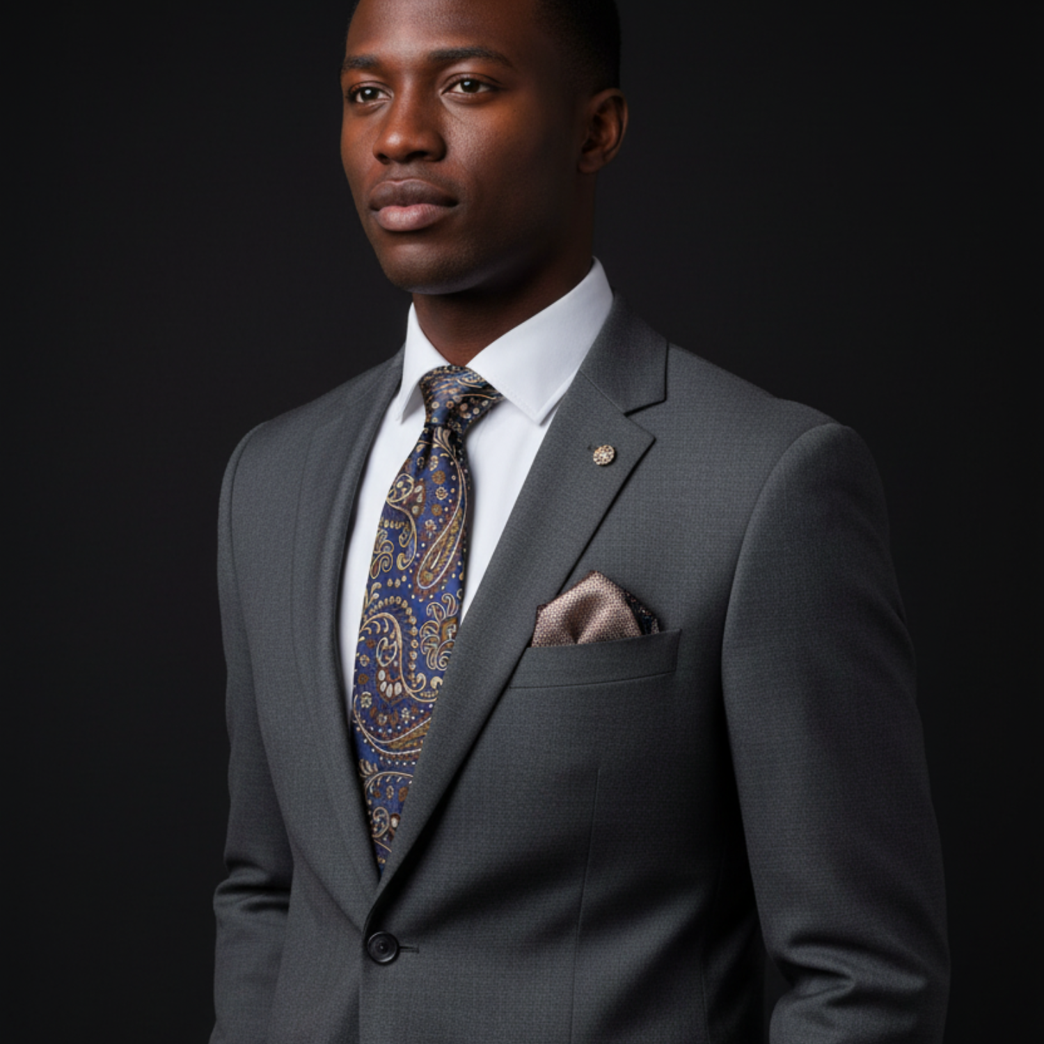 Man wearing a gray suit with a patterned tie and pocket square on a black background