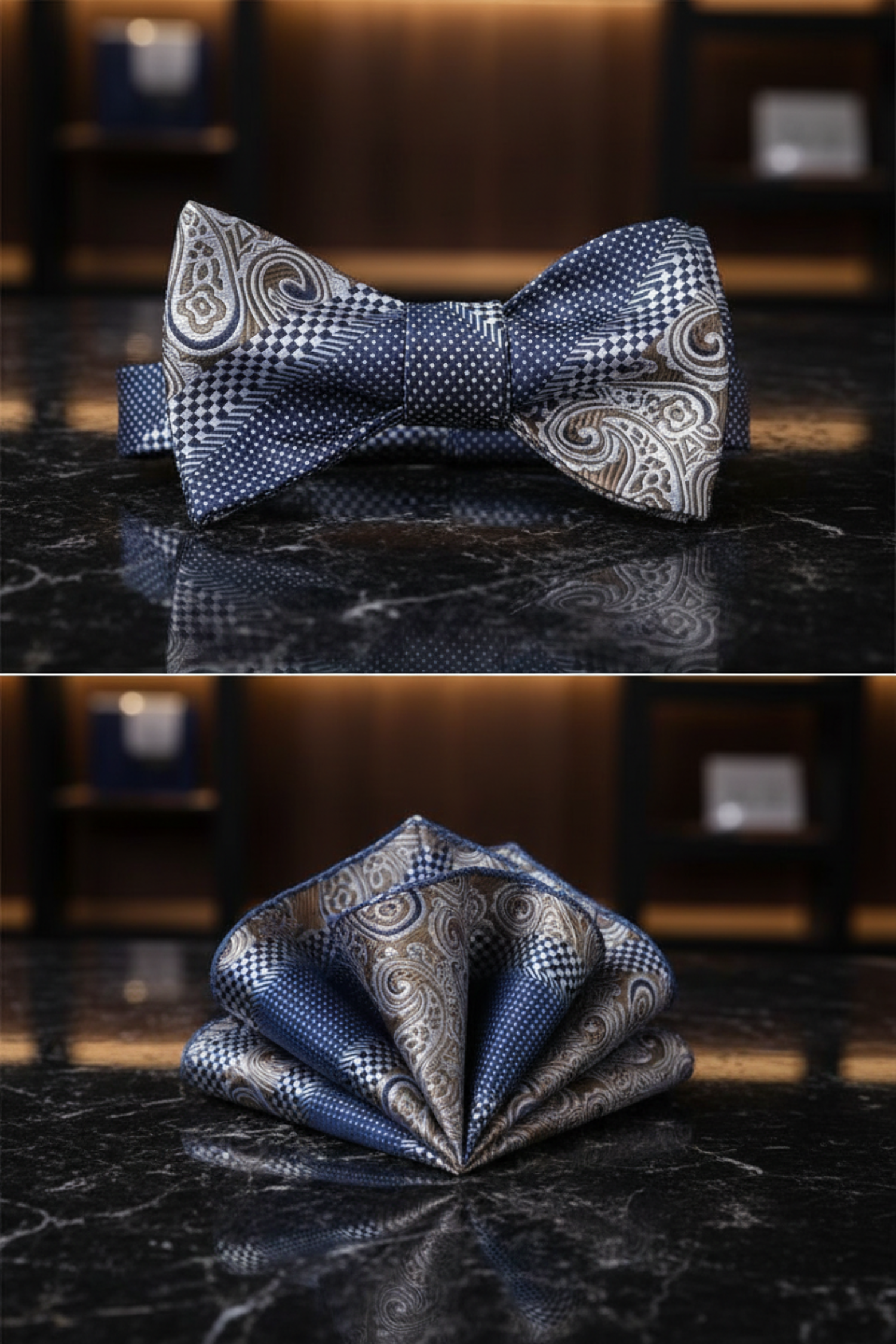 Blue Brown Check Bow Tie and Square Main View