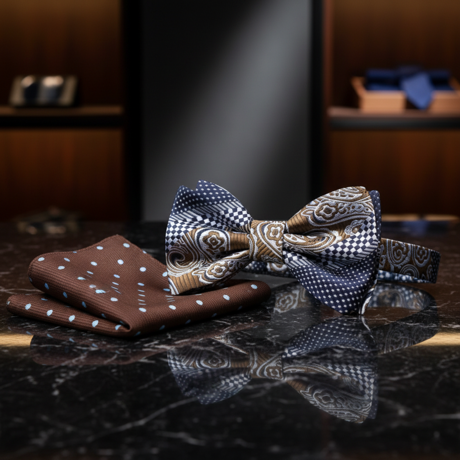 Blue, Brown Paisley Check Bow Tie and Accenting Pocket Square