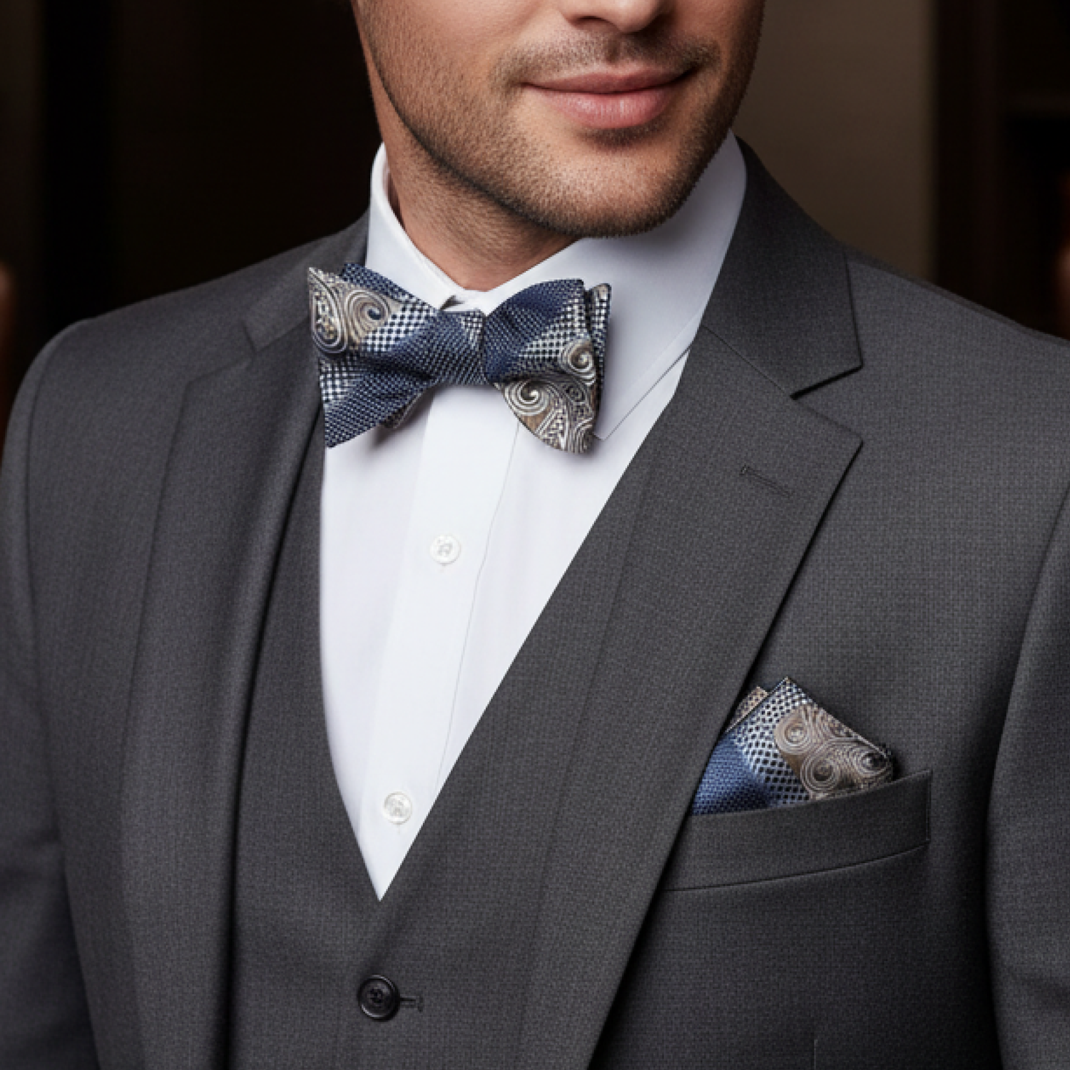Man wearing a gray suit with a patterned bow tie and pocket square.