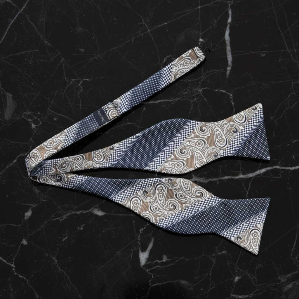 Blue and Brown Paisley and Check Self Tie Bow Tie