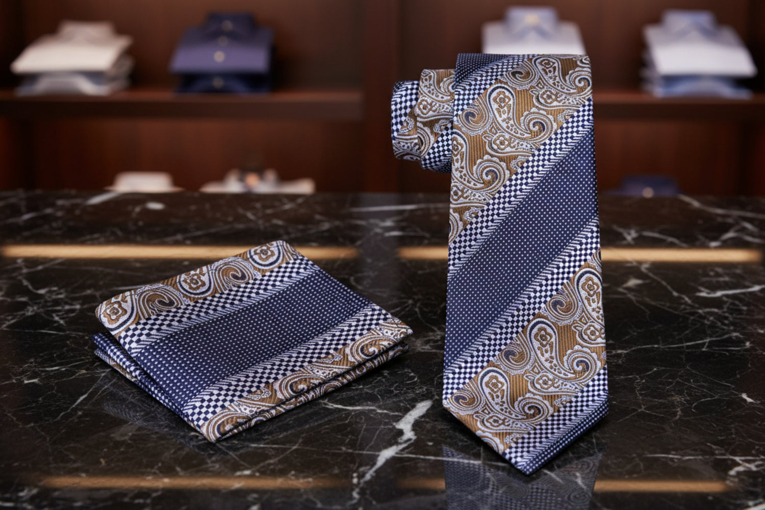 Alt View: Blue Brown Paisley Check Tie and Matching Square