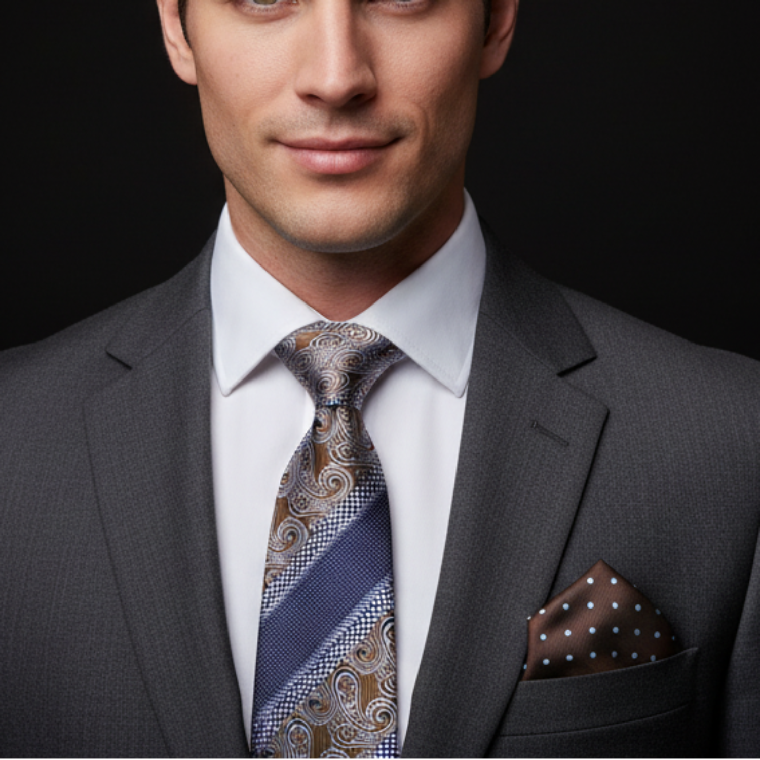 Man wearing a gray suit with a patterned tie and pocket square on a black background