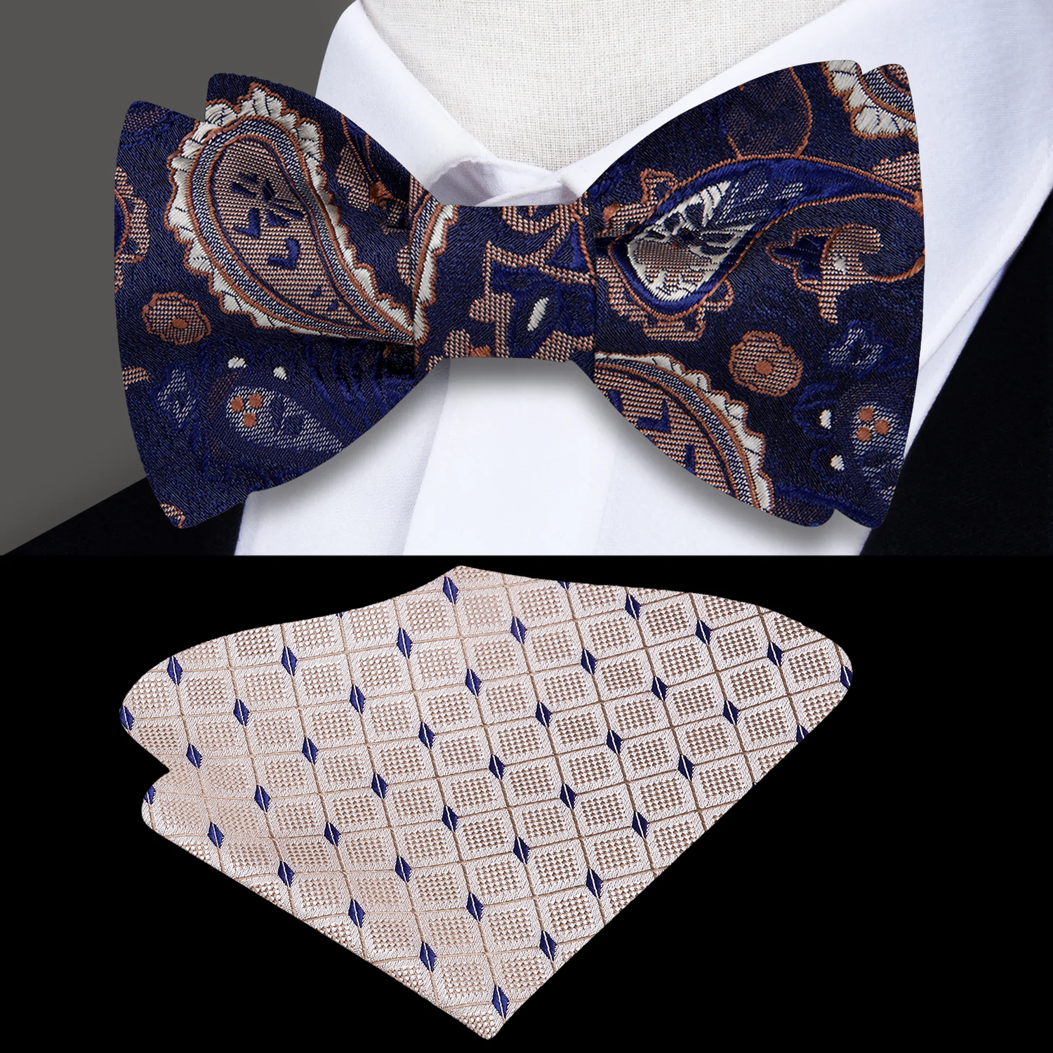 A Brown, Dark Blue Paisley Pattern Self Tie Bow Tie, Accenting Pocket Square