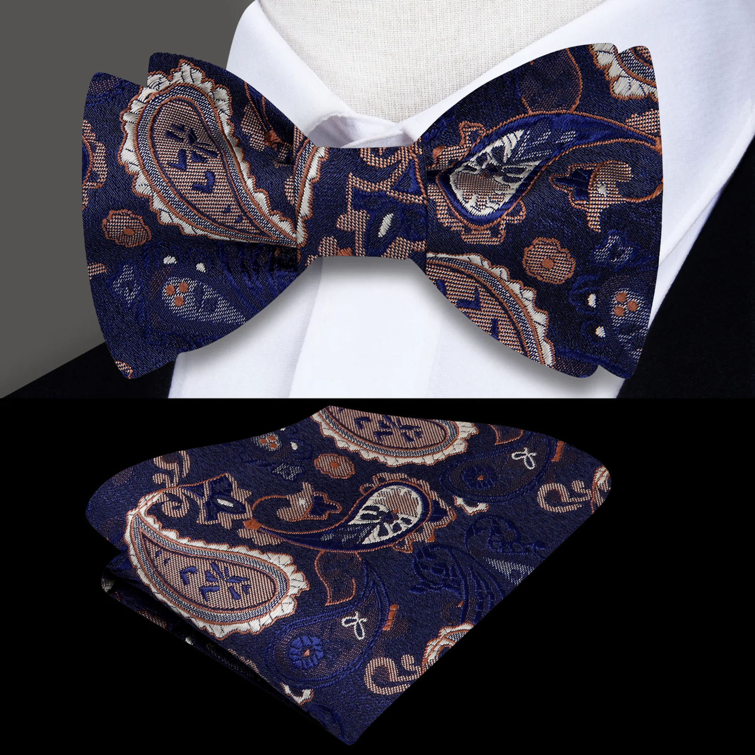 A Brown, Dark Blue Paisley Pattern Self Tie Bow Tie, Matching Pocket Square