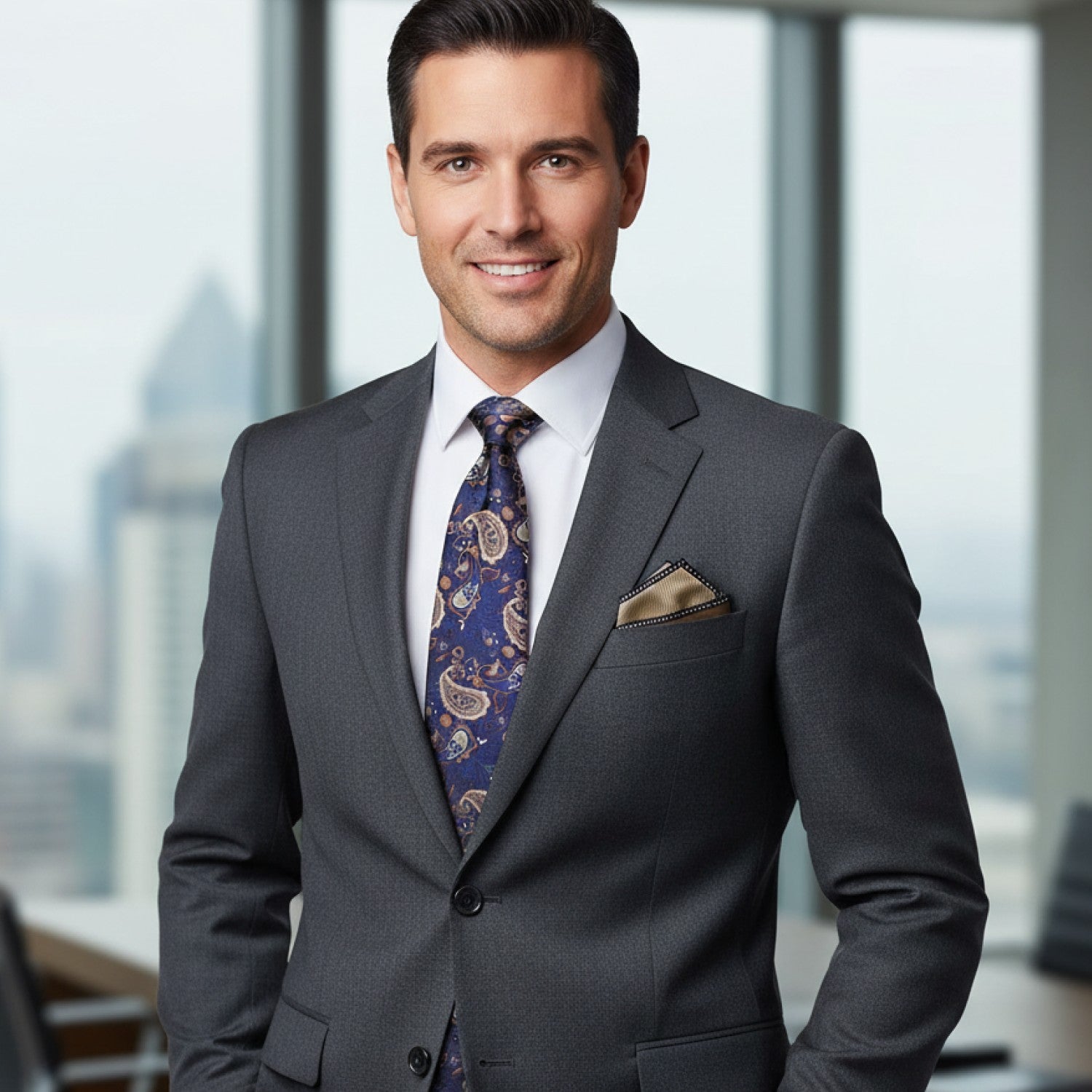 Man in a gray suit with a patterned tie standing in an office setting