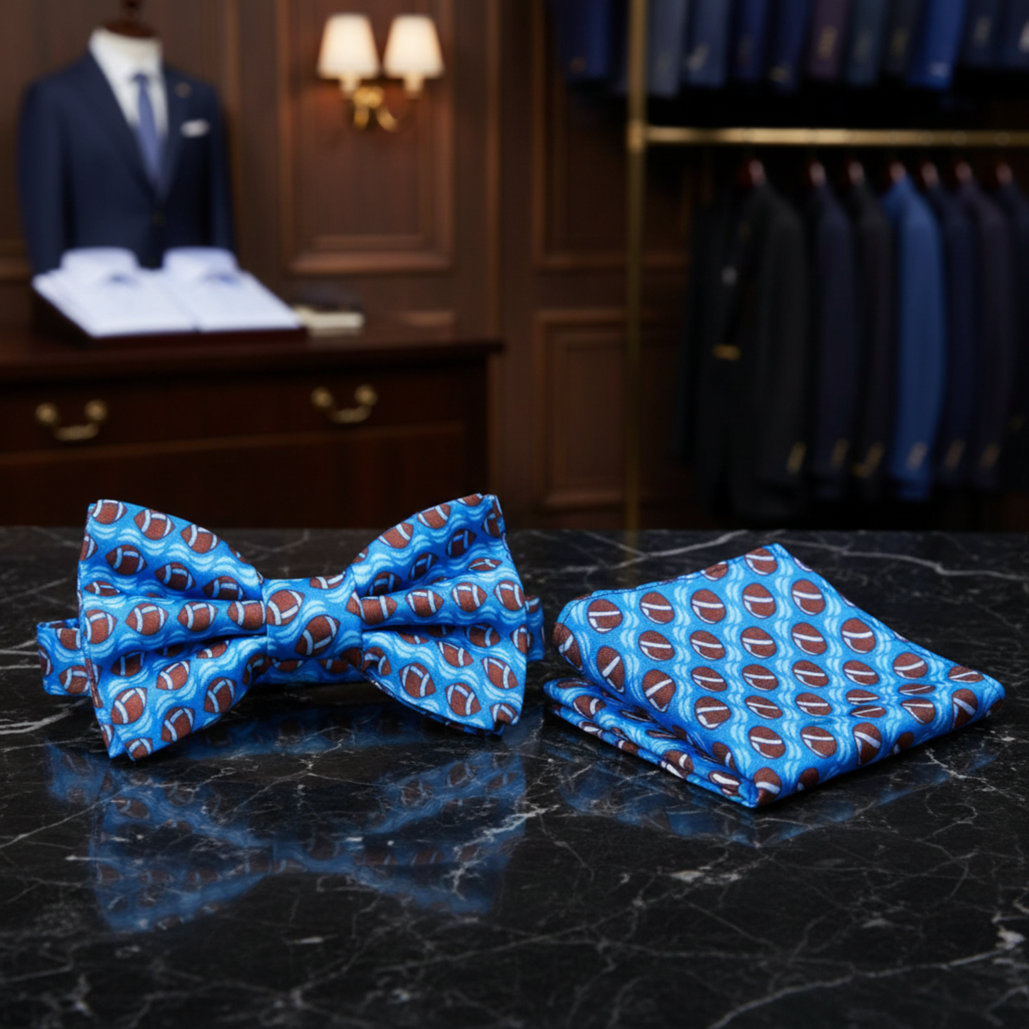 Blue Silk with Football Bow Tie and Pocket Square