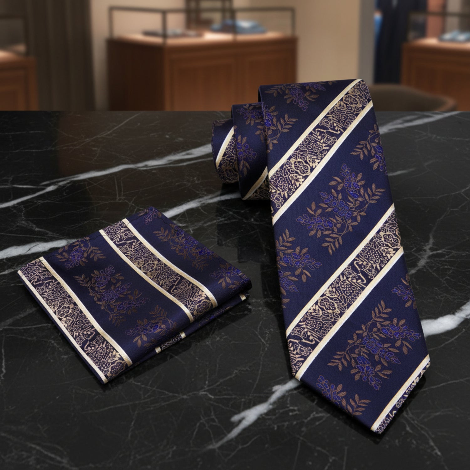 Alt Black, Blue, Brown Floral Tie and Square