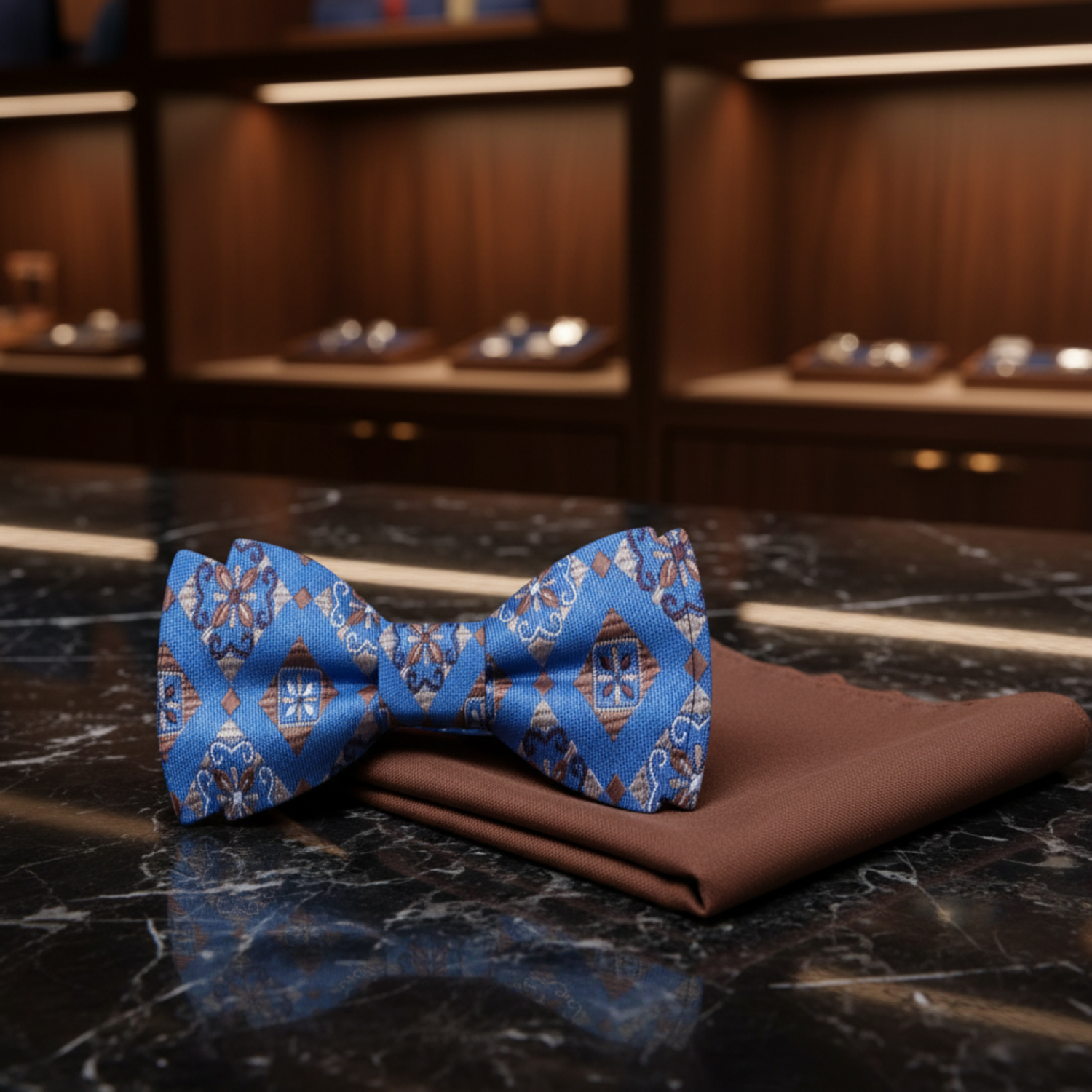 Main: Blue, Brown Geometric Bow Tie and Brown Square