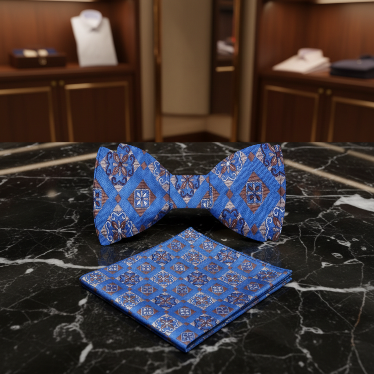 Main: Blue, Brown Geometric Bow Tie and Matching Square