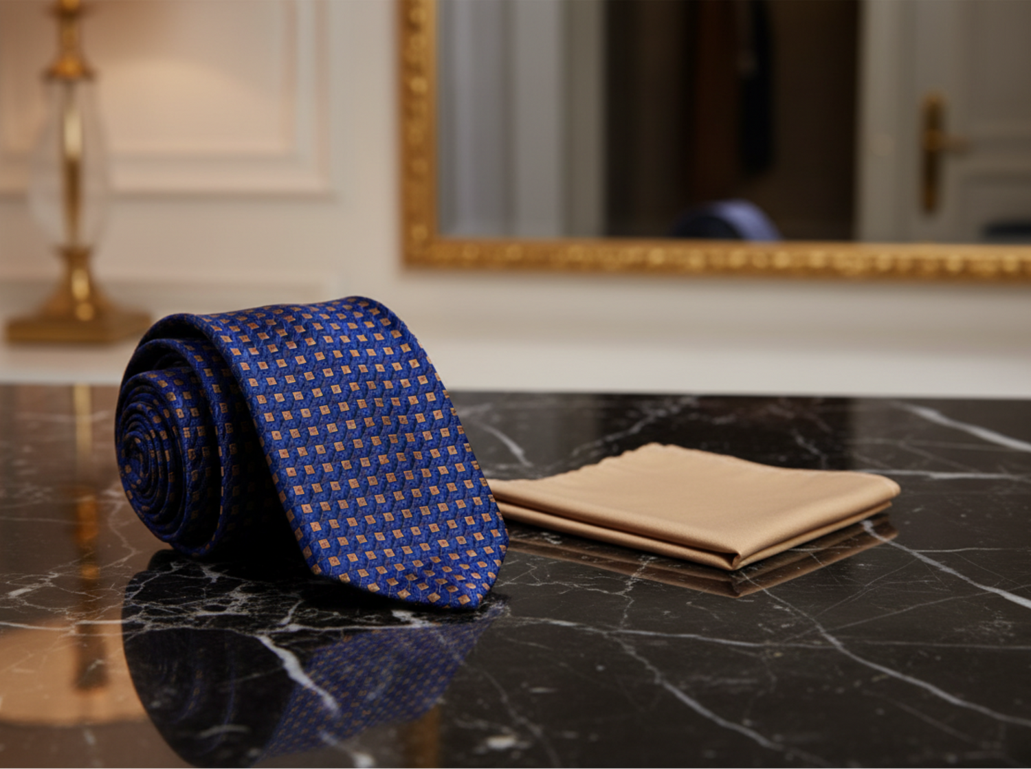 Blue patterned tie and beige pocket square 