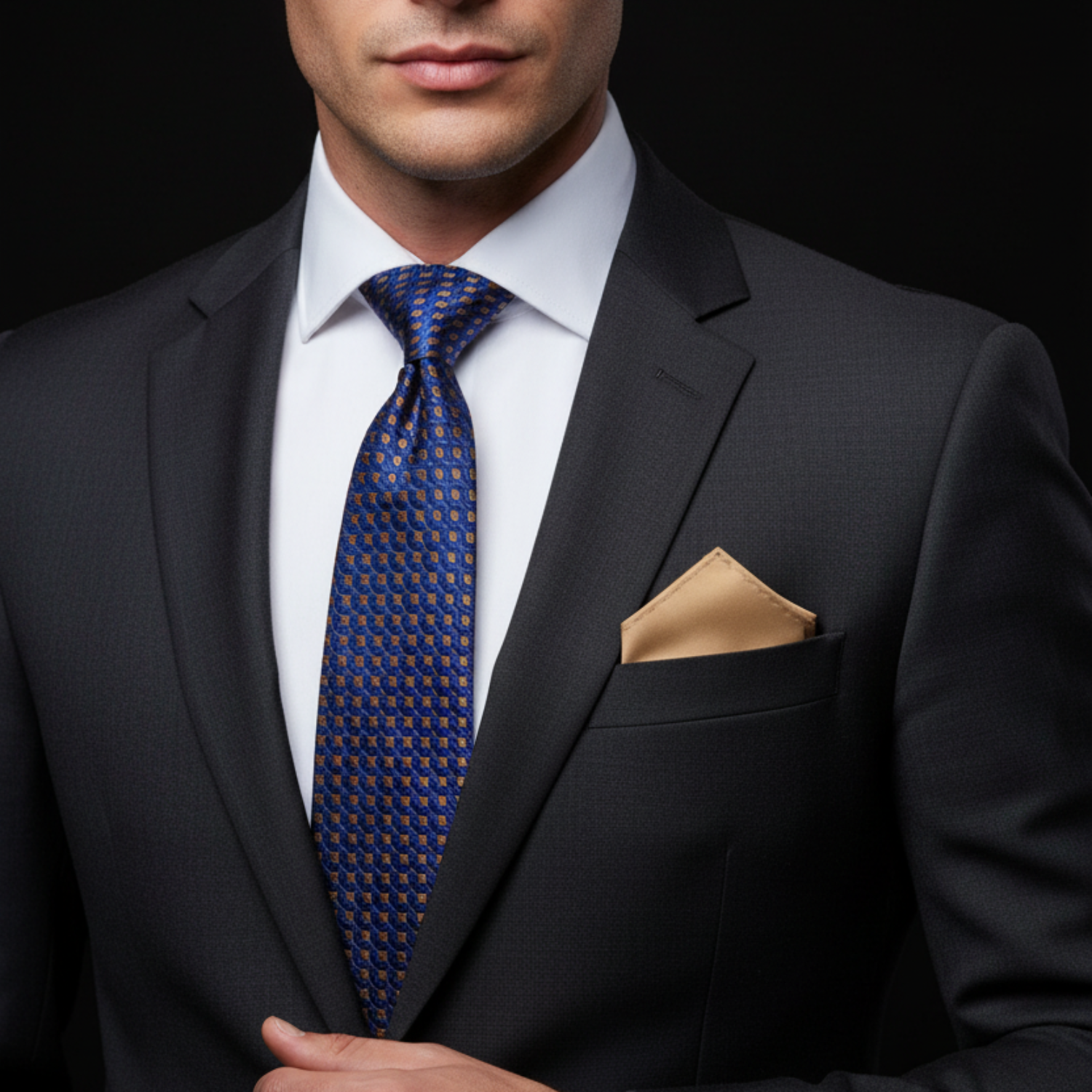 Man wearing a dark suit with a blue patterned tie and beige pocket square on a black background