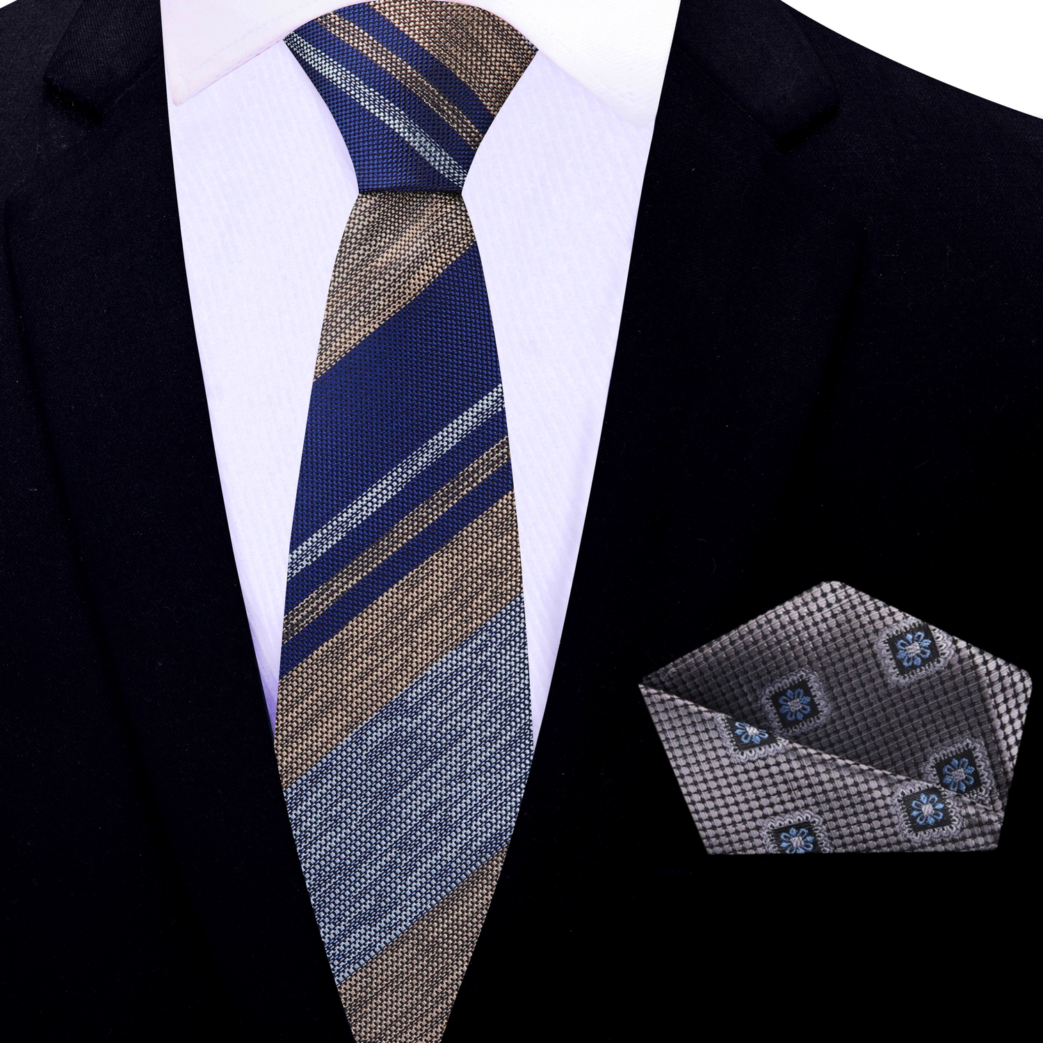 Dark Blue, Light Brown, and Grey Necktie with Unique Stripe Pattern