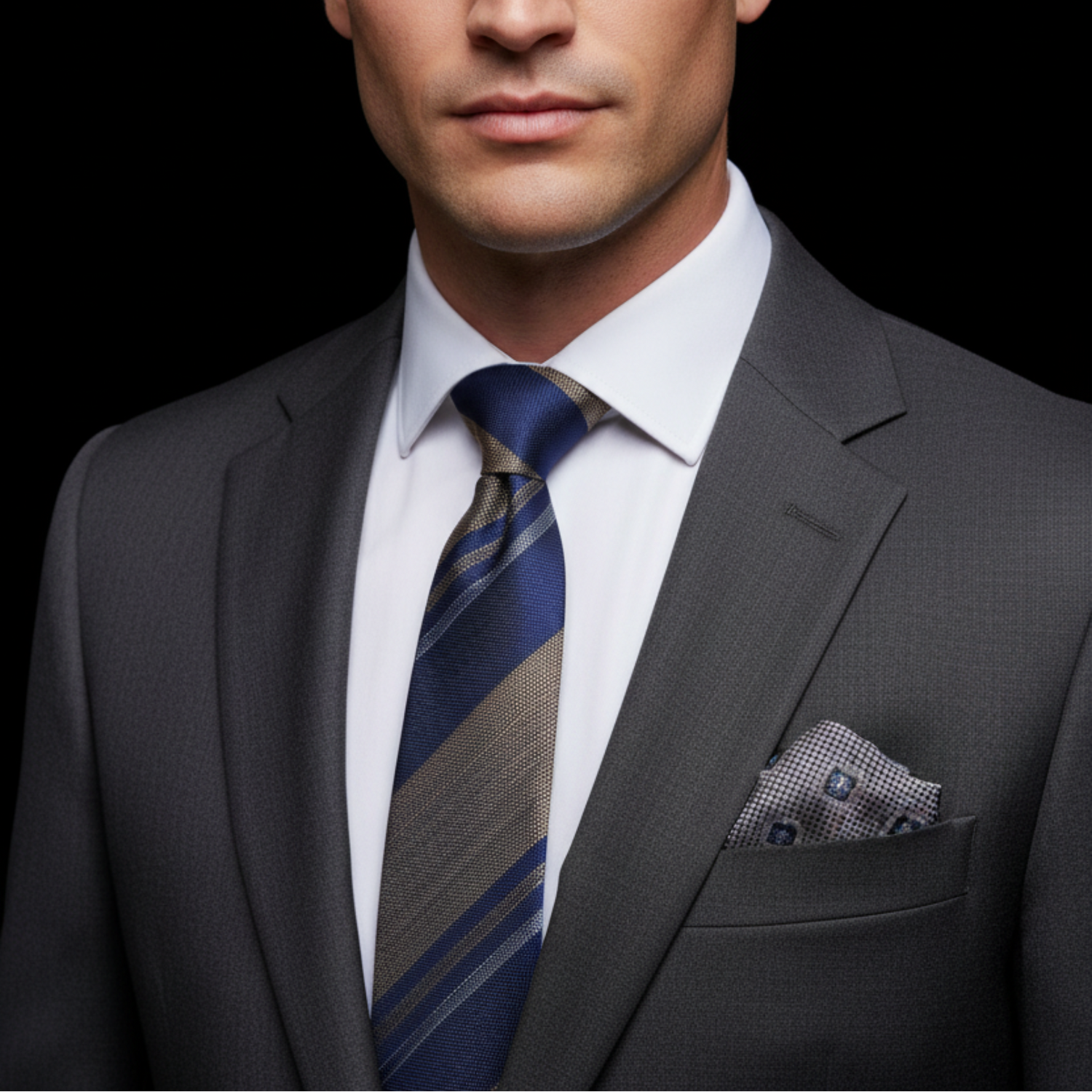Man wearing a gray suit with a blue and gray striped tie and pocket square on a black background