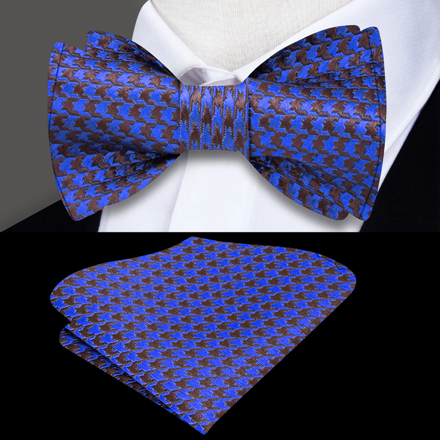 Blue Brown Geometric Bow tie and Pocket Square