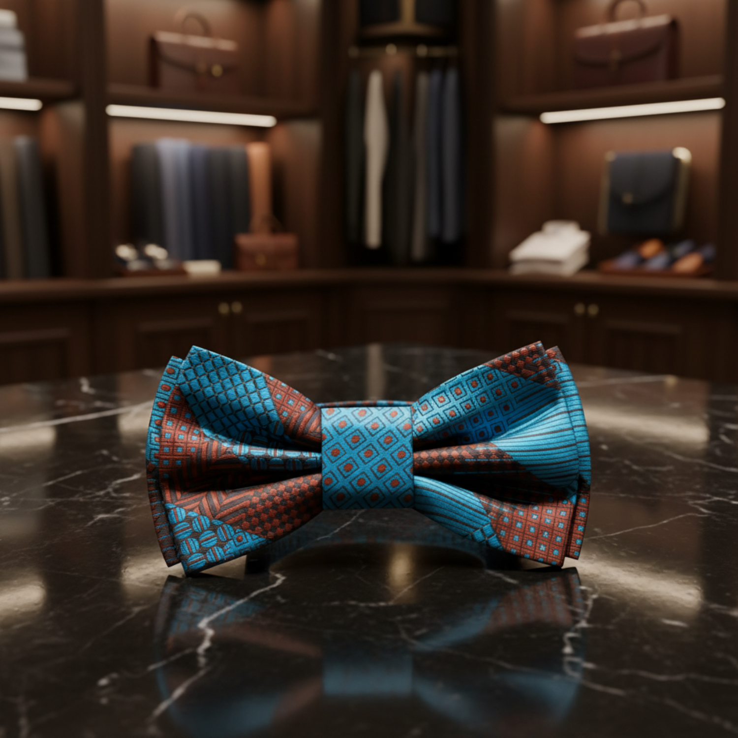 Teal, Copper Geometric Bow Tie Pre Tied