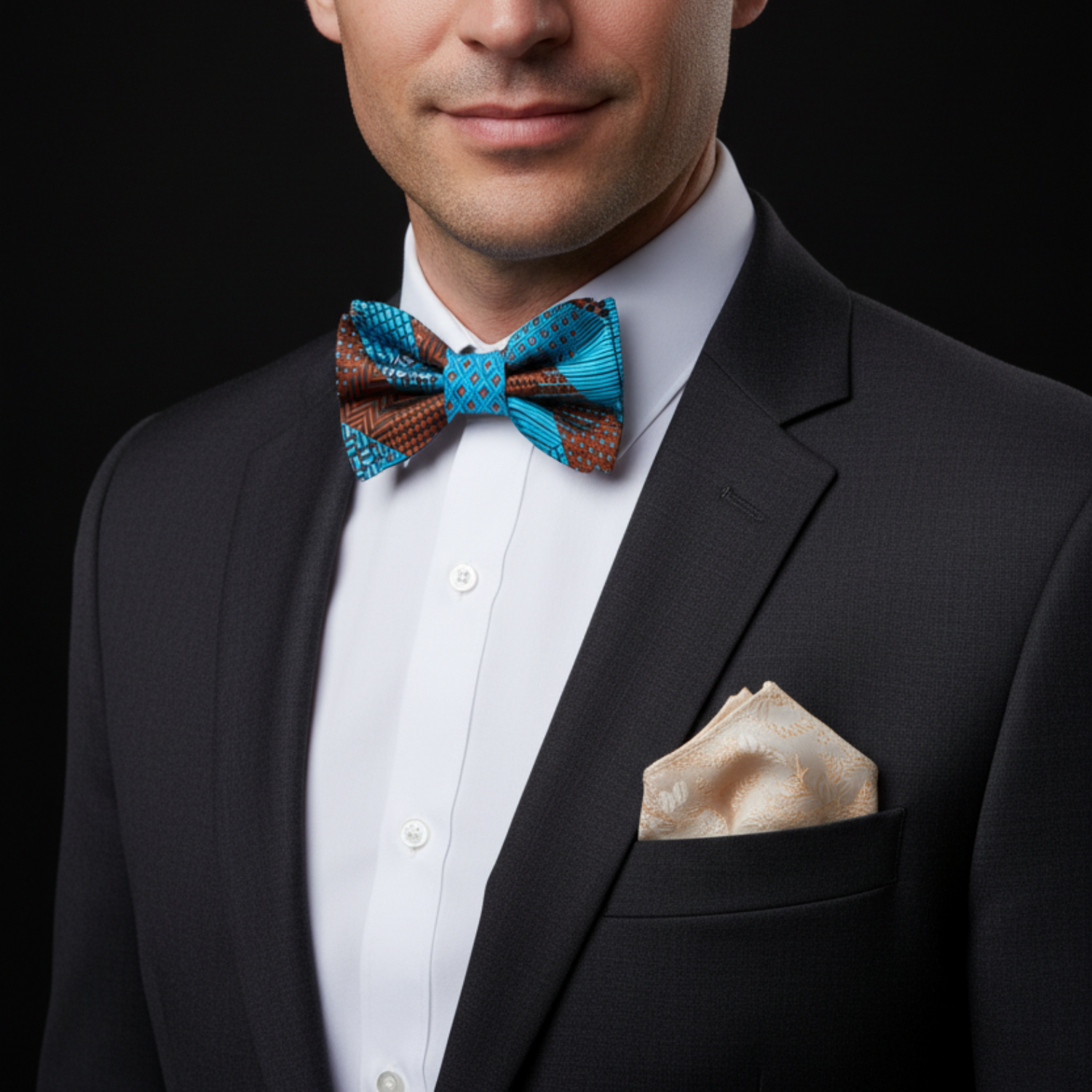 Man wearing a black suit with a colorful bow tie and pocket square on a black background
