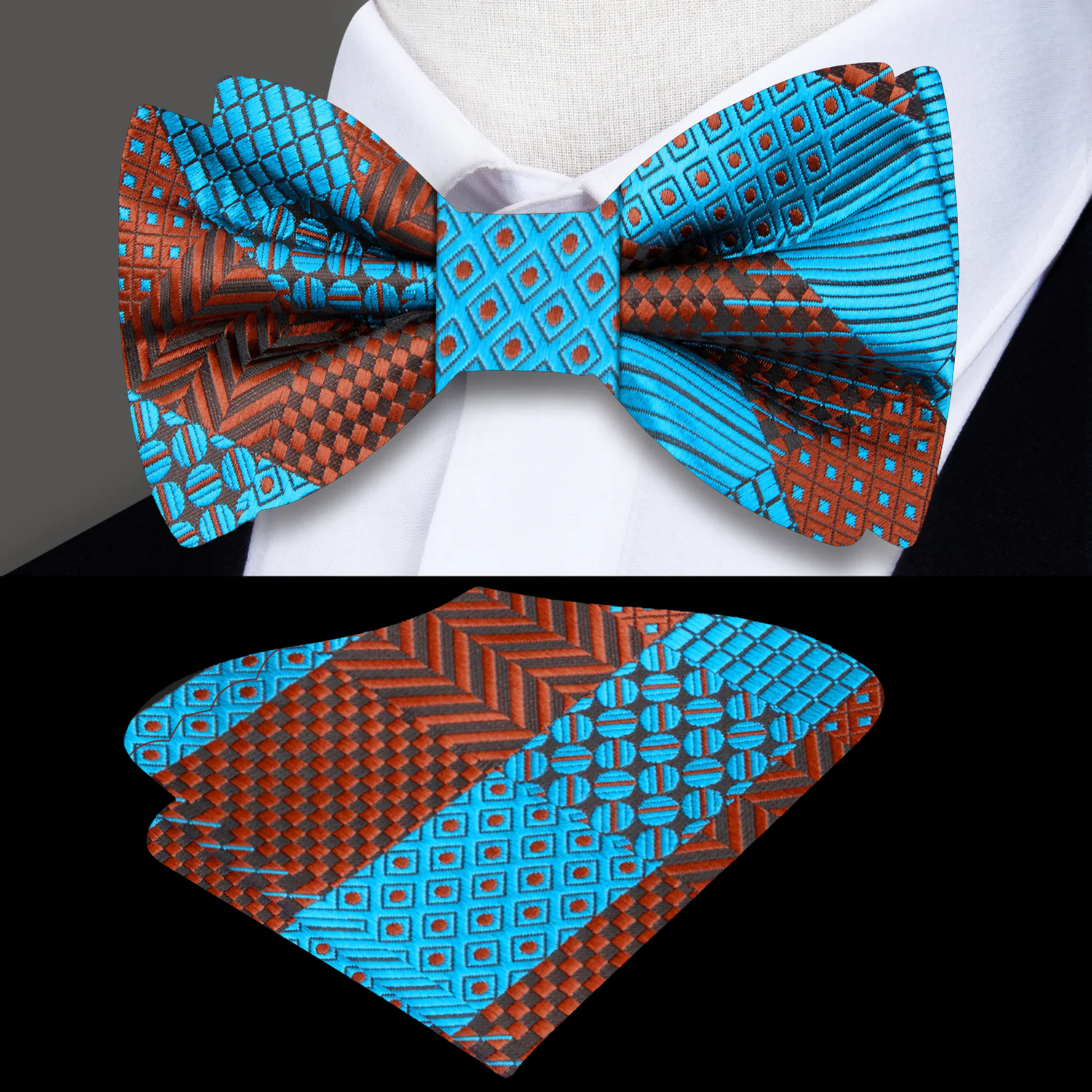 Teal, Copper Geometric Bow Tie and Pocket Square||Antique Copper, Teal