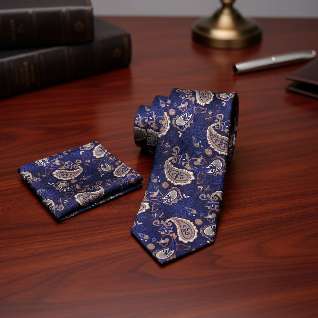 Blue, Brown Paisley Necktie and Square