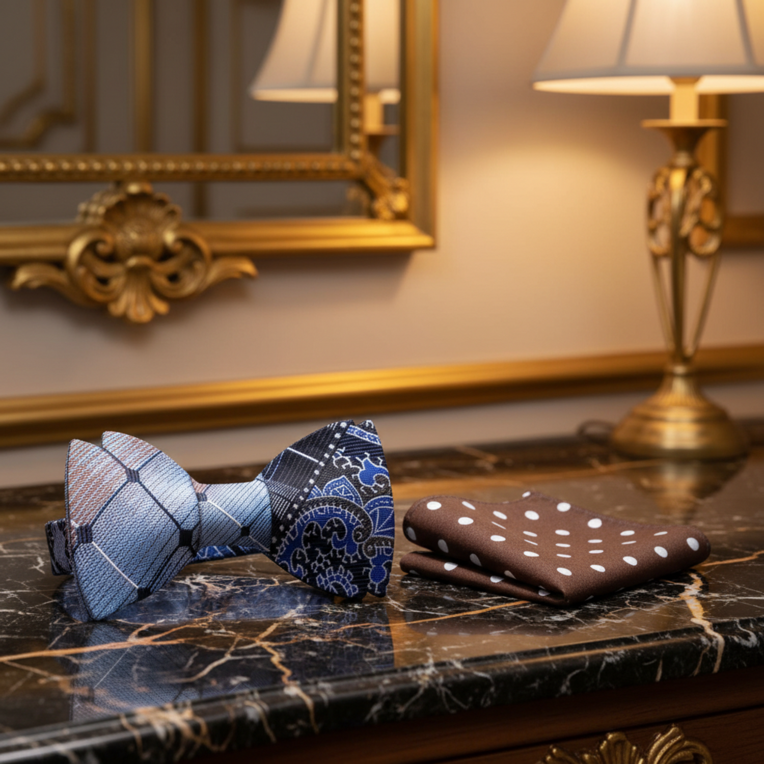 Blue, Brown Geometric Paisley Pattern Self Tie Bow Tie, Accenting Brown Polka Pocket Square