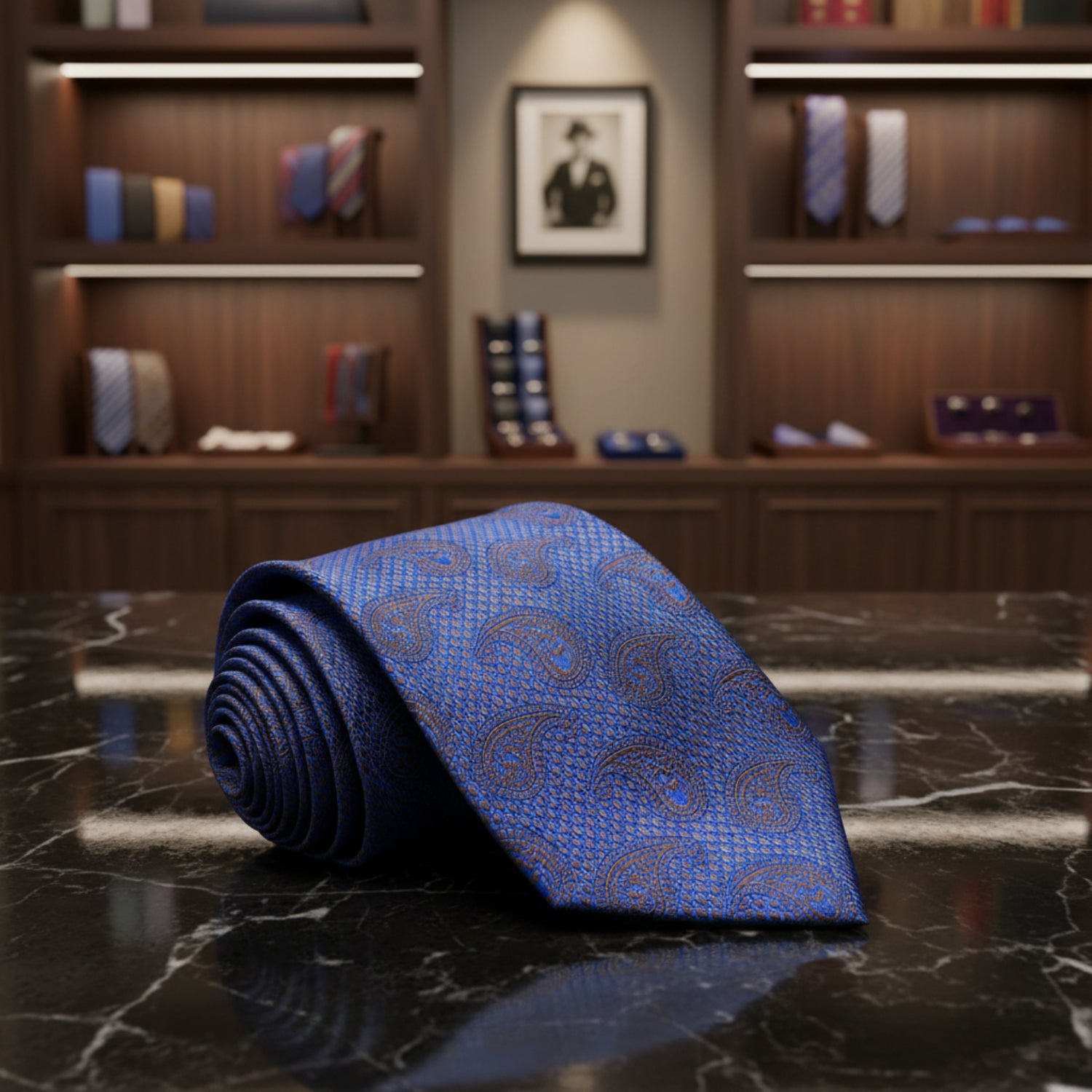 Blue, Brown Paisley Necktie View 3