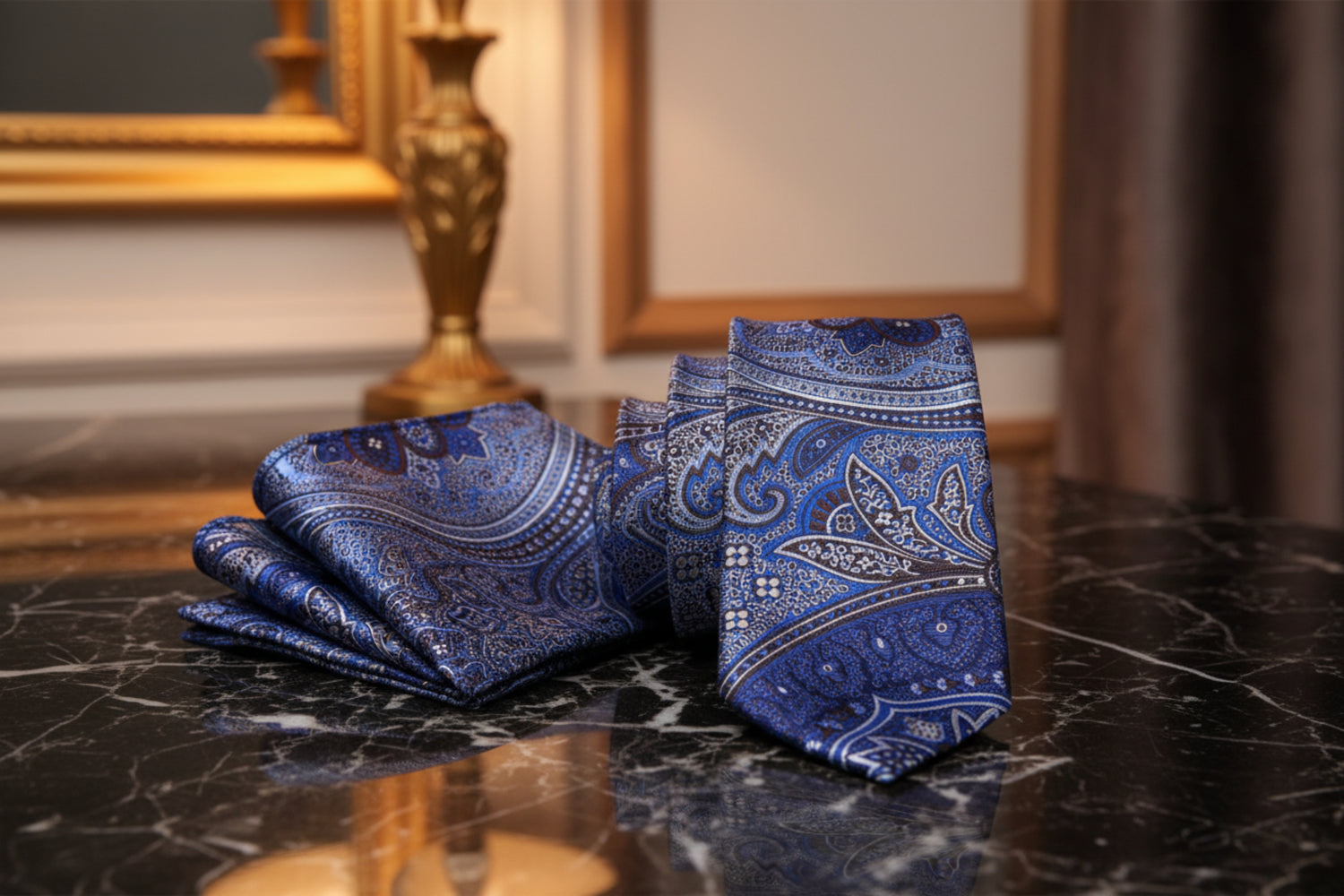 Blue paisley tie and pocket square set on marble