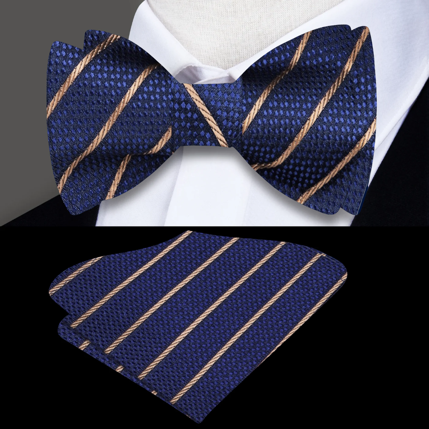 Main View: Blue with Brown Pinstripe Bow Tie and Matching Square