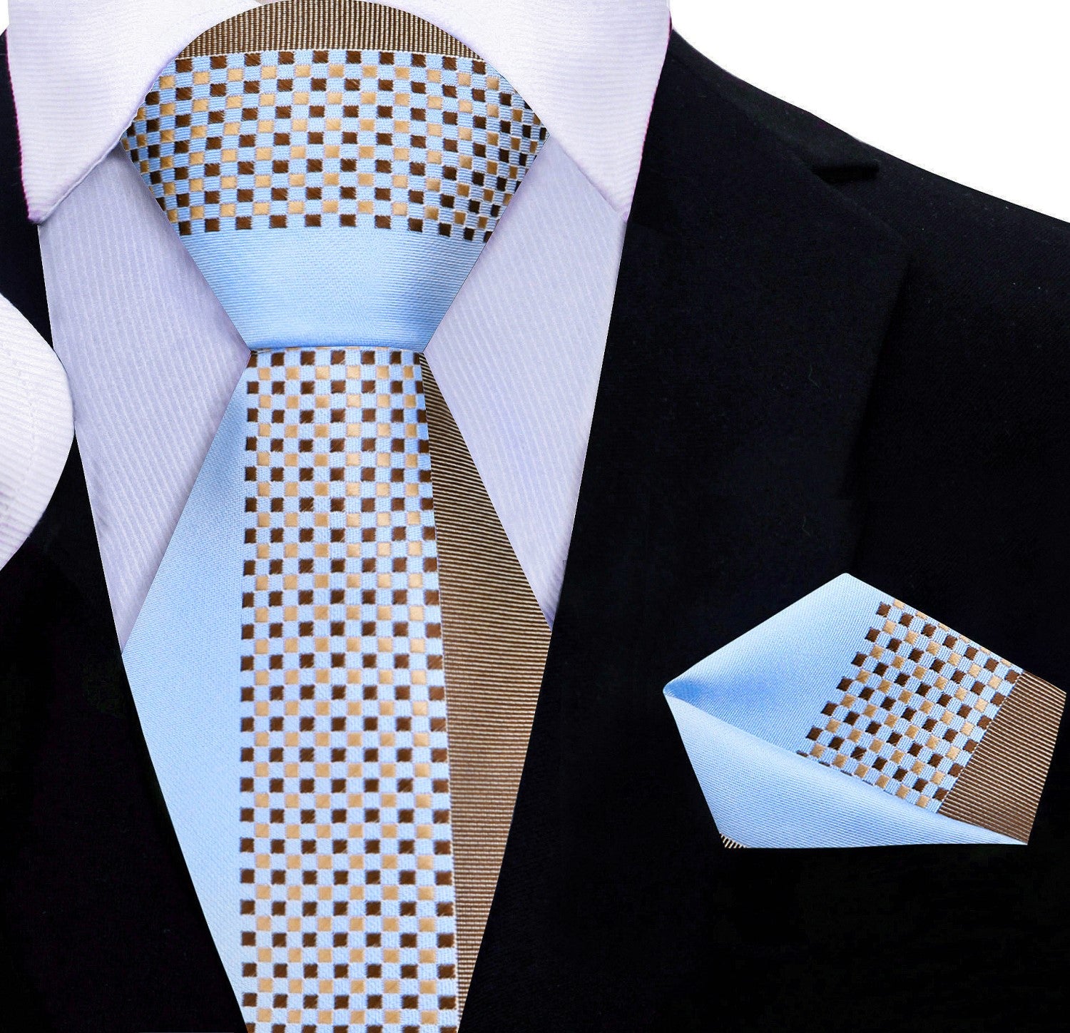 A Light Blue and Light Brown Abstract Shaped Pattern Necktie With Matching Square