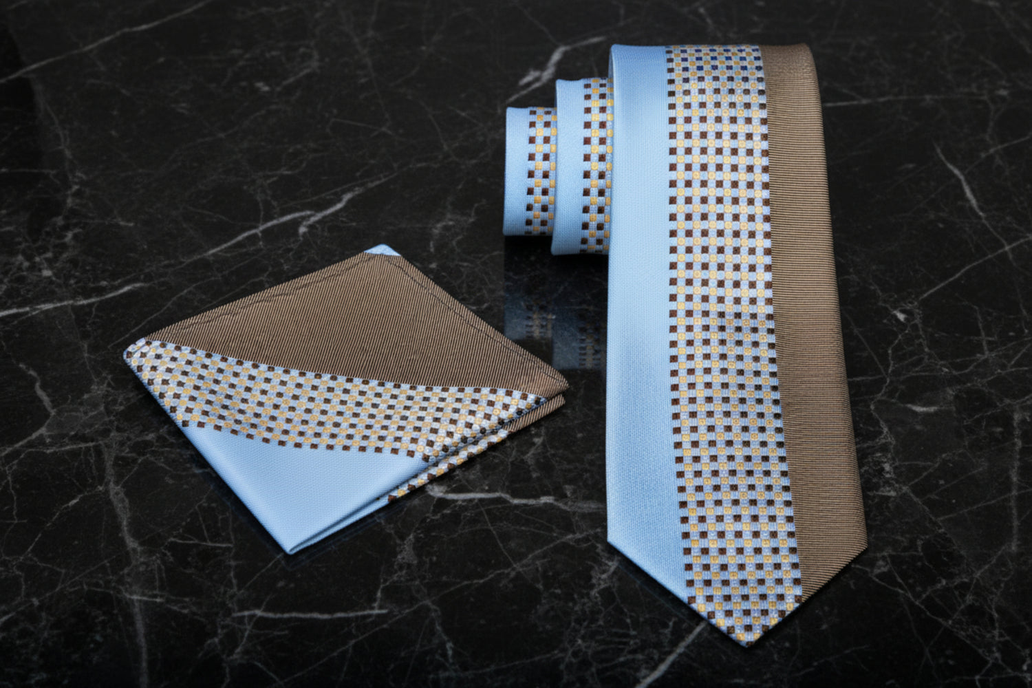 View 2: A Light Blue and Light Brown Abstract Shaped Pattern Necktie With Matching Square