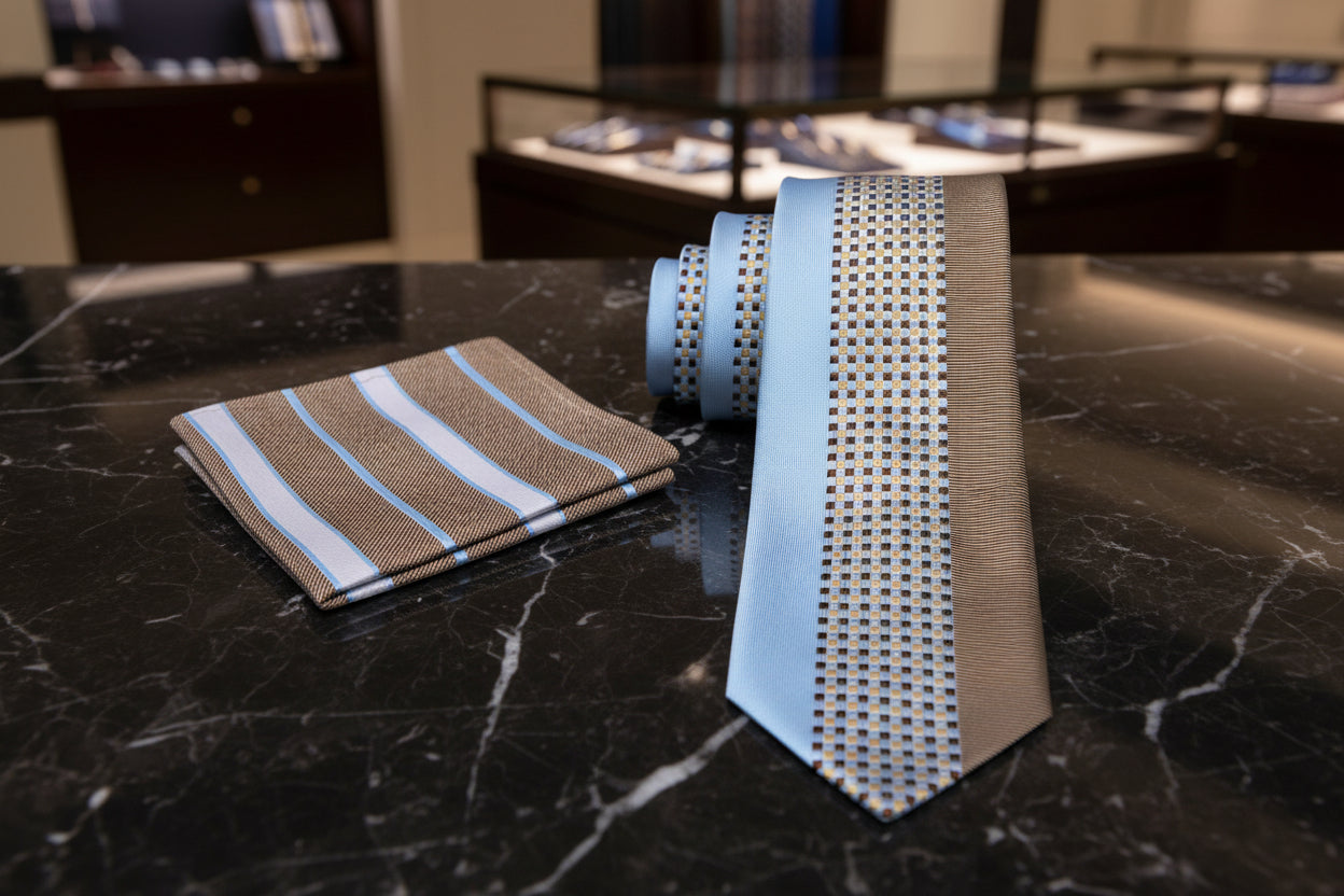 Alt View: Blue, Brown Phantom Necktie and Accenting Brown, Light Blue, White Stripe Square