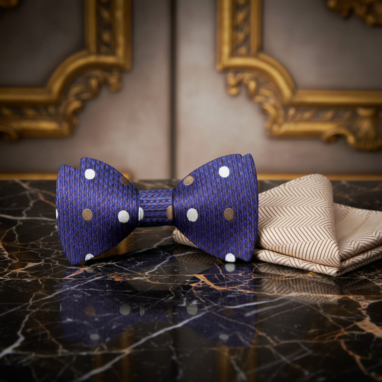 A Blue, Brown Polka Dot Pattern Silk Self Tie Bow Tie, Accenting Pocket Square