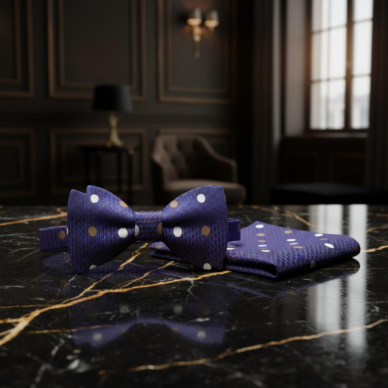 A Blue, Brown Polka Dot Pattern Silk Self Tie Bow Tie, Matching Pocket Square