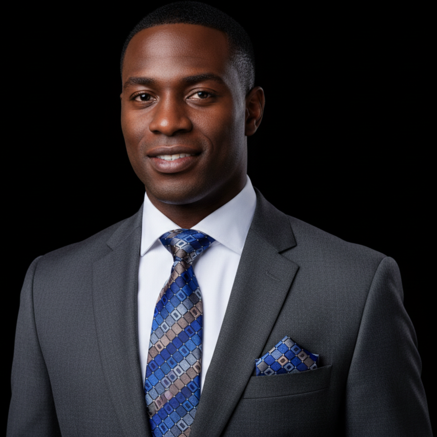 Man wearing a gray suit with a blue tie and pocket square on a black background